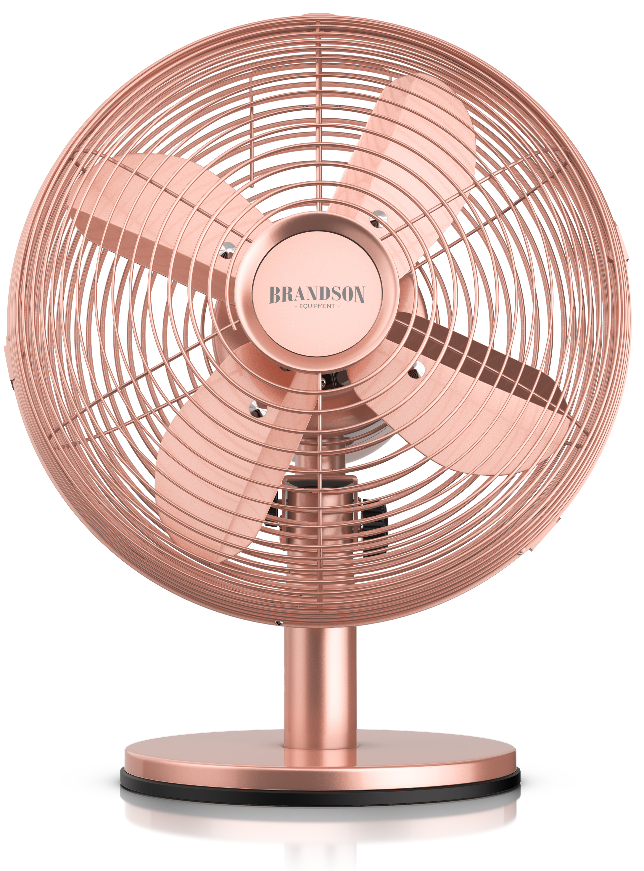 Brandson Standventilator in Roségold mit runder Basis, Metallgitter und drei Blättern, ideal für die Kühlung im Innenbereich.