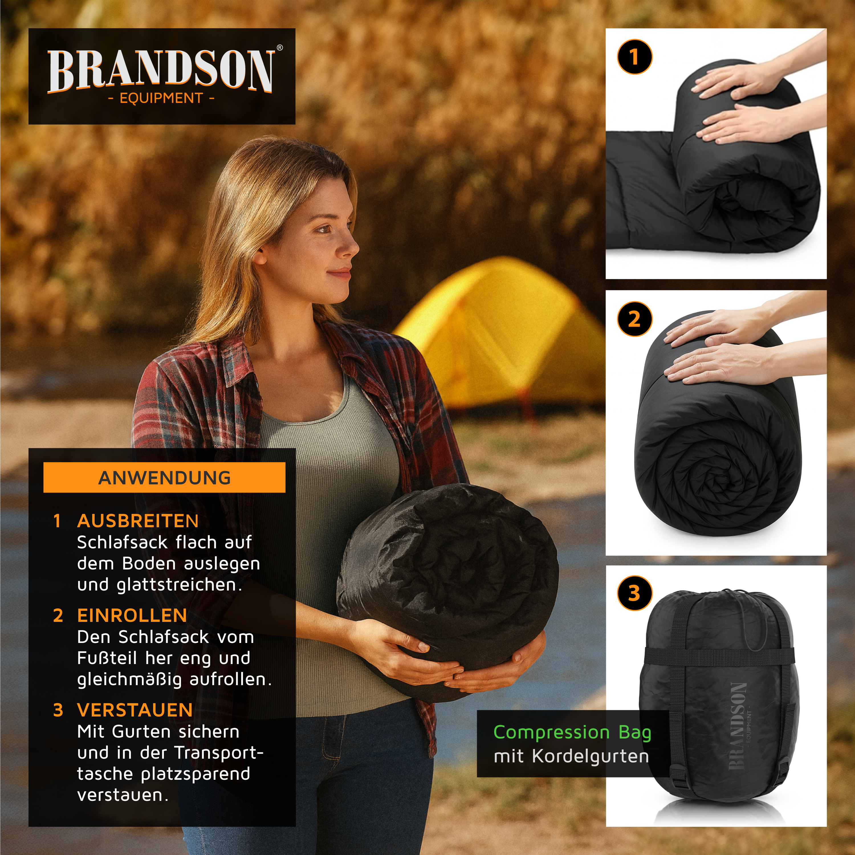 Brandson Kompressionsbeutel für Schlafsäcke, mit schwarzem Design, Tragegurten und einer kompakten zusammengerollten Form für einfachen Transport.