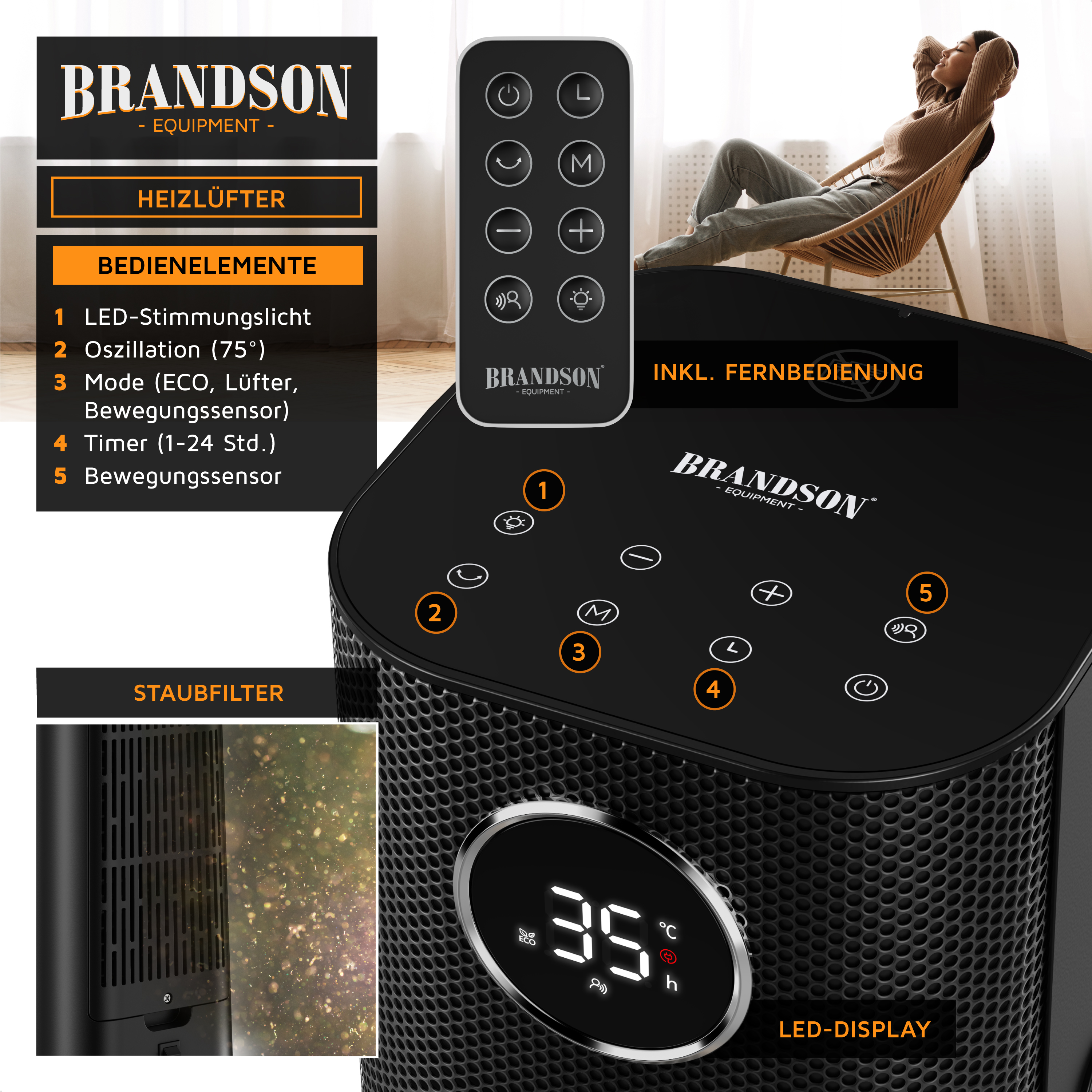 Brandson Heizlüfter mit LED-Display, Bedienfeld und Fernbedienung, in schwarzer Farbe, geeignet für den Innenbereich.