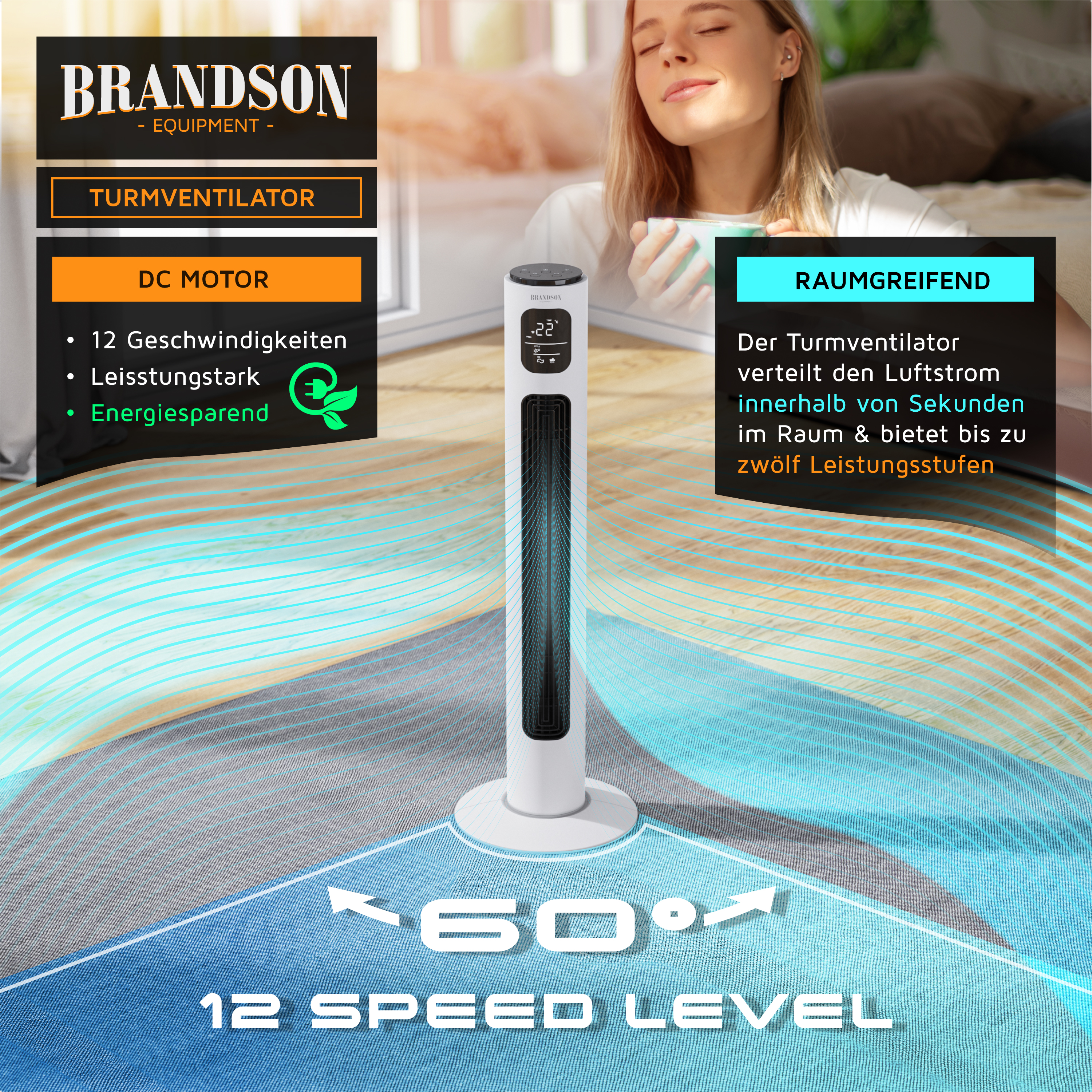 Brandson Turmventilator in Weiß mit DC-Motor, 12 Geschwindigkeitsstufen und digitalem Display, ideal für die Luftzirkulation im Raum.