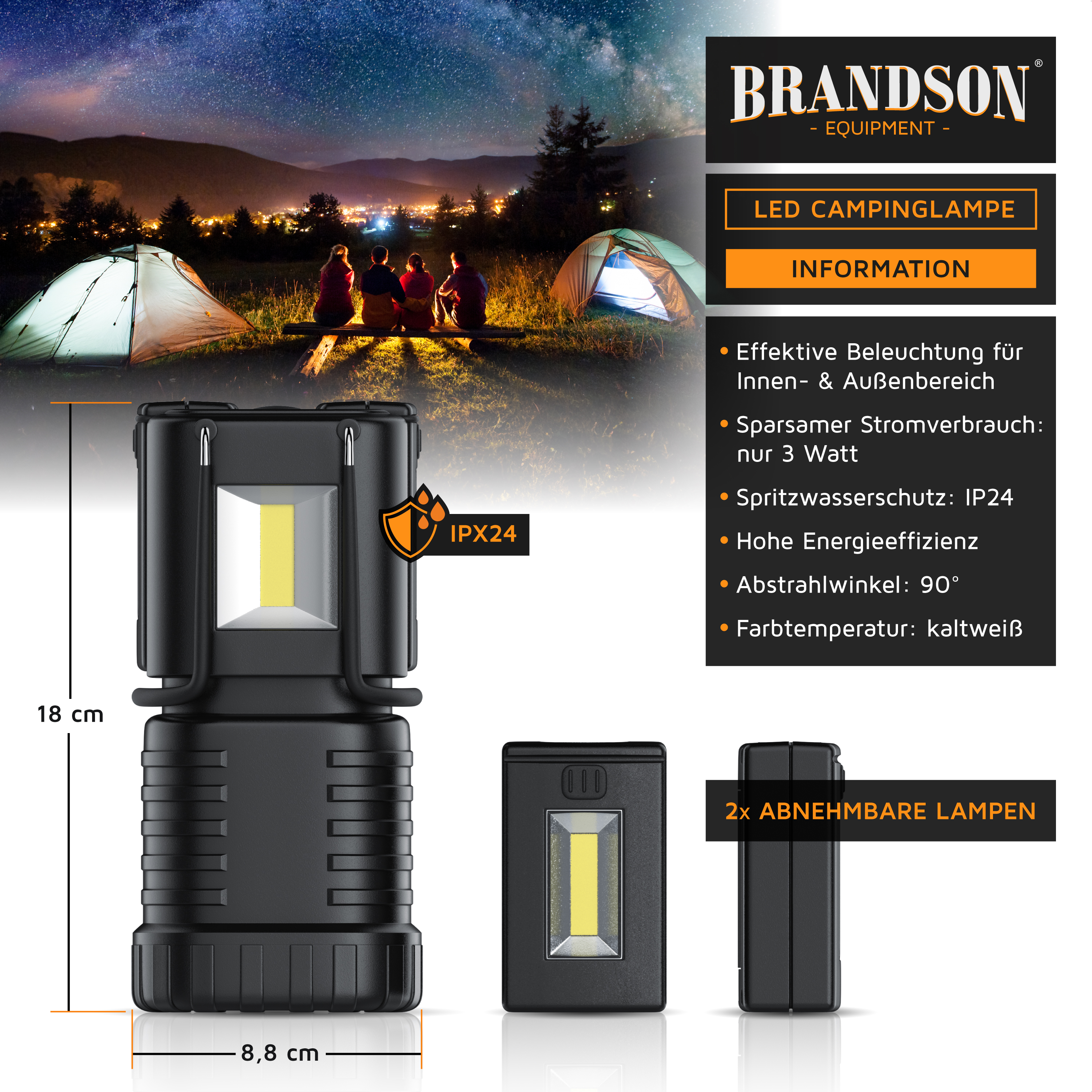 Brandson LED-Campinglampe mit zwei abnehmbaren Leuchten, kompaktes Design, schwarze Farbe, für den Innen- und Außenbereich geeignet.