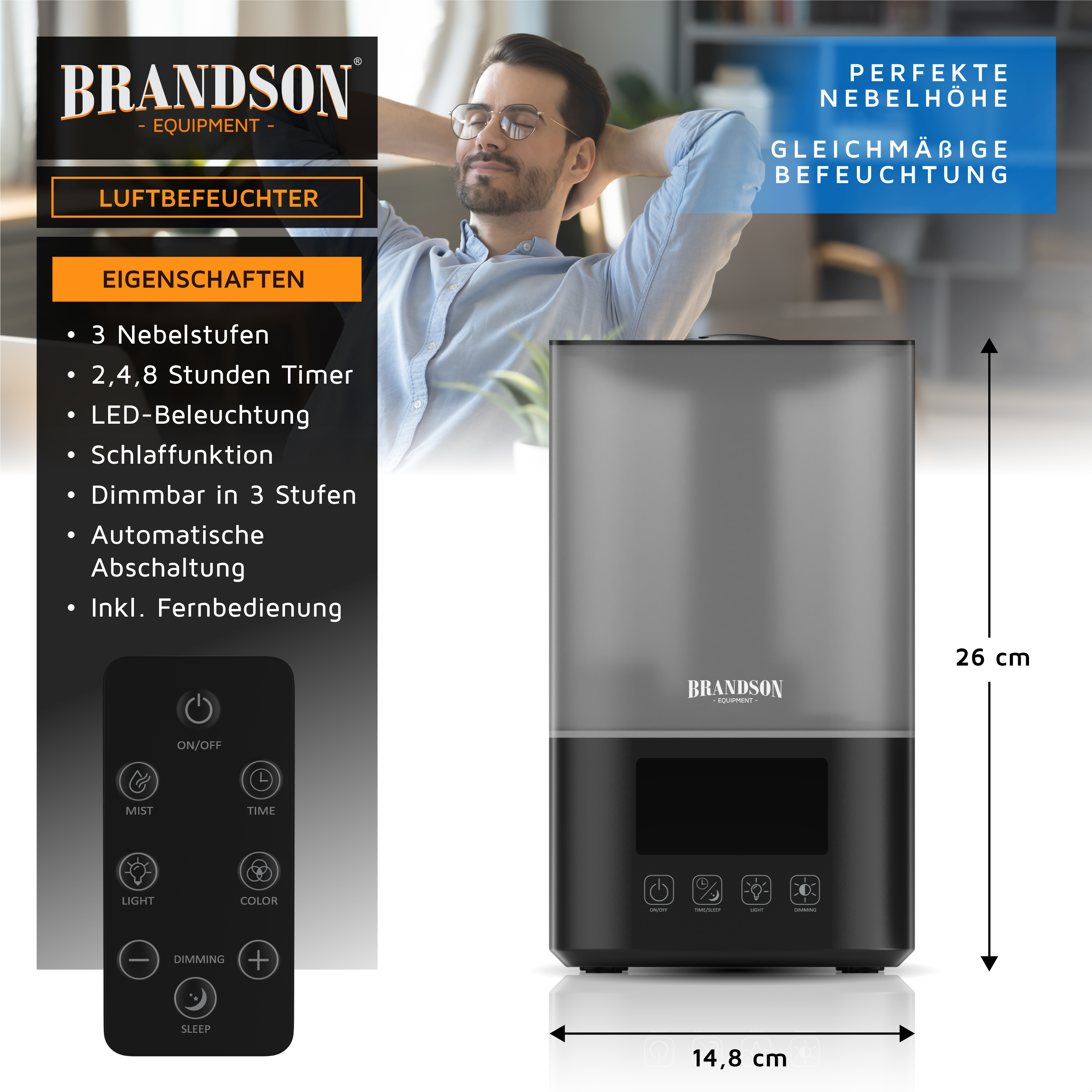 Brandson Luftbefeuchter im modernen Design mit LED-Beleuchtung, Bedienfeld und Fernbedienung, ideal für gleichmäßige Befeuchtung.