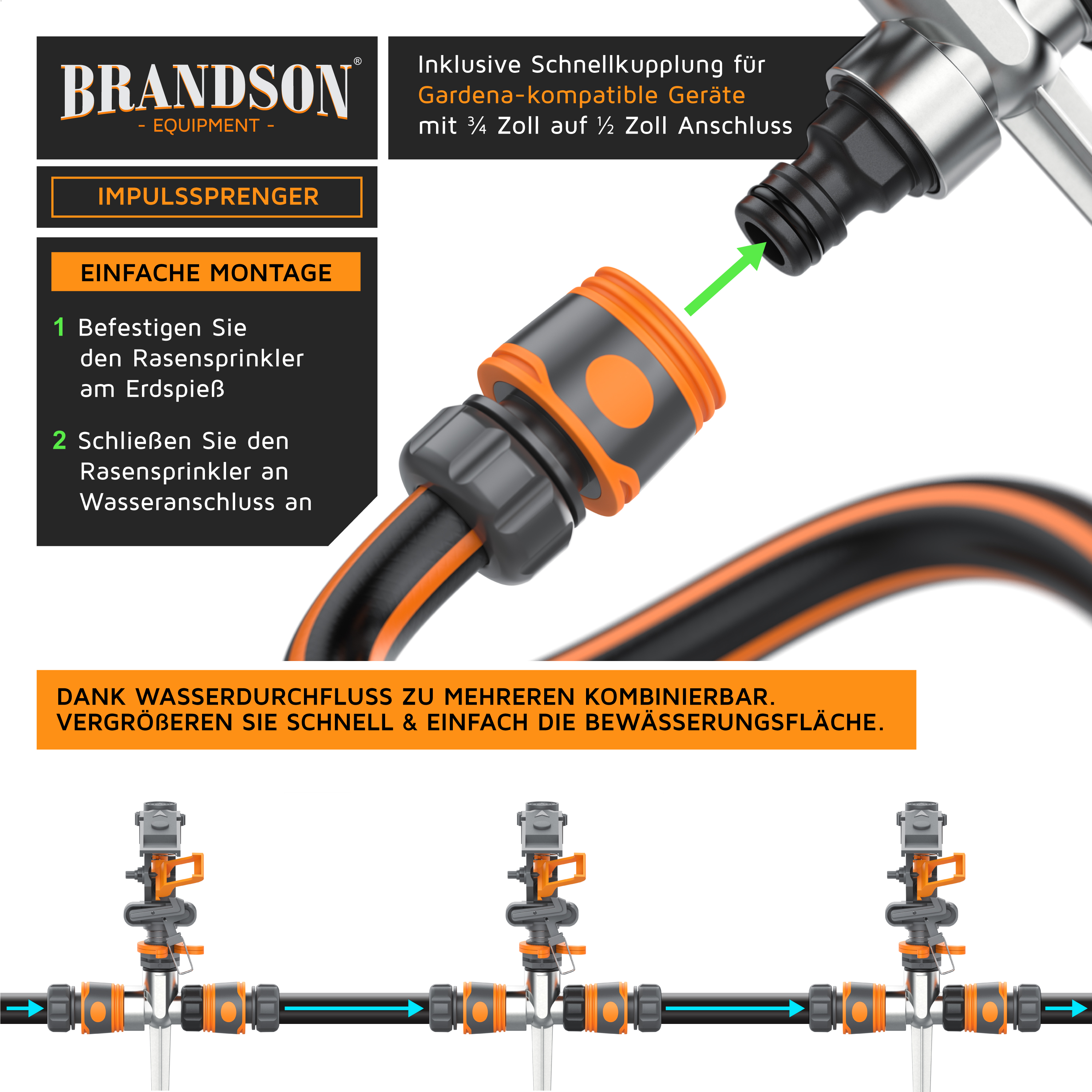 Brandson Impulsregner mit Schnellkupplung für Gardena-kompatible Geräte, schwarz-orange, einfache Montage am Erdspeiß.