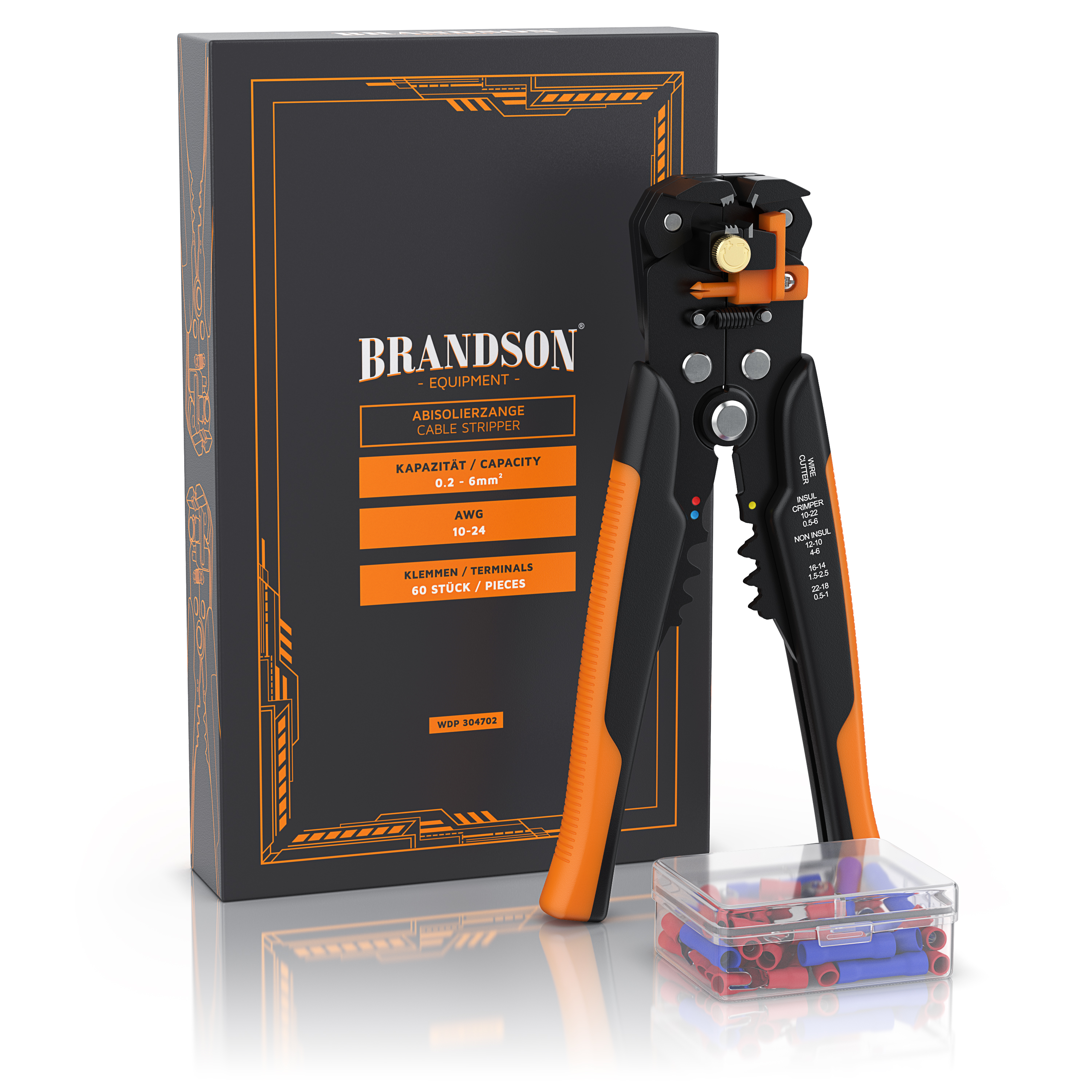 Brandson-Kabelabisolierer mit ergonomischen schwarzen und orangefarbenen Griffen, einem Präzisionsschneidmechanismus und einer Box mit Klemmen.