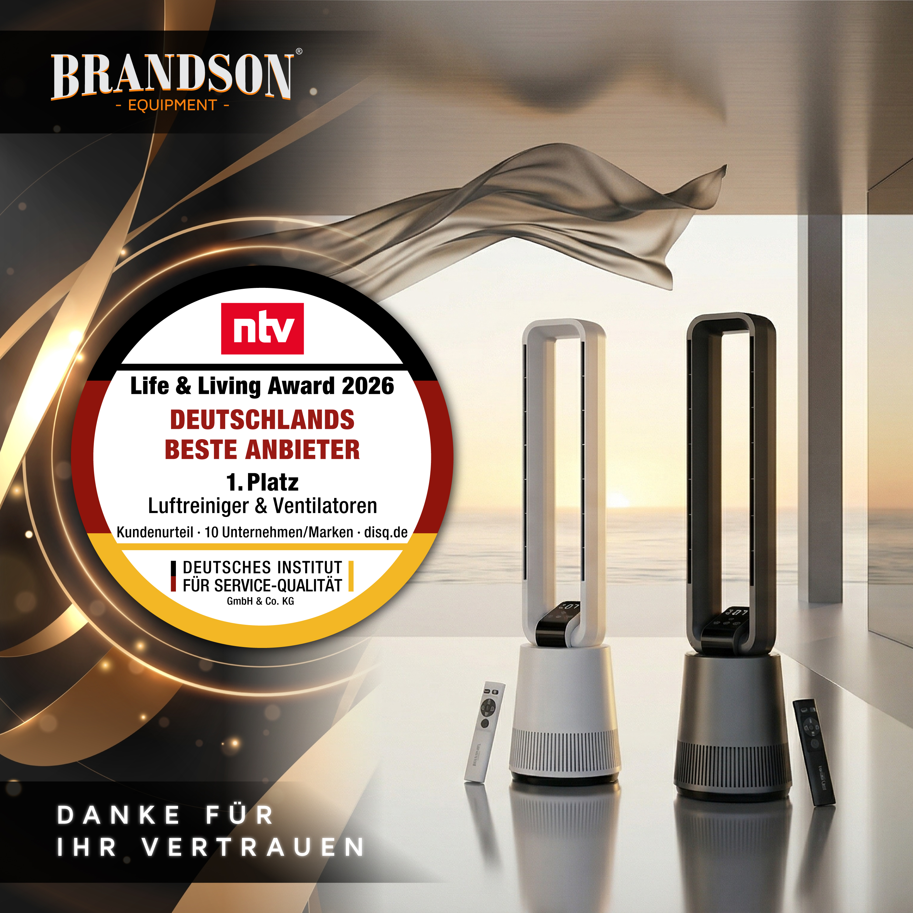 Brandson Turmventilator in Schwarz und Weiß mit modernem Design, sichtbarem Bedienfeld und Fernbedienung auf einem Tisch.
