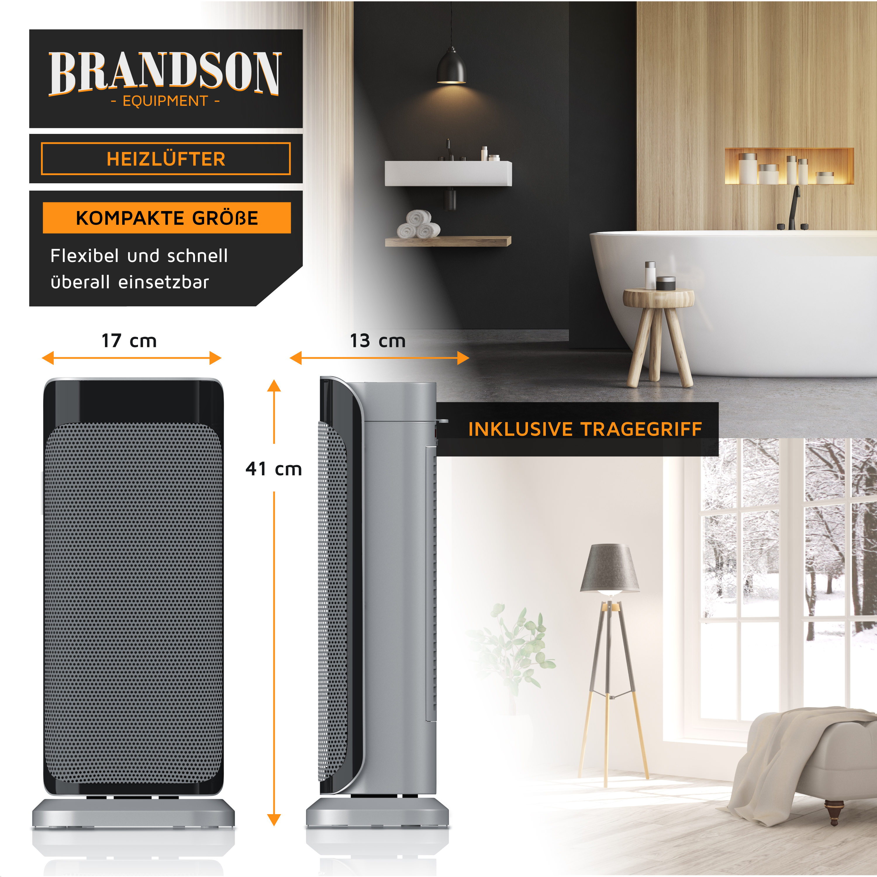 Brandson Heizlüfter in kompaktem Design, schwarz und silber, mit Tragegriff, ideal für den flexiblen Einsatz in verschiedenen Räumen.