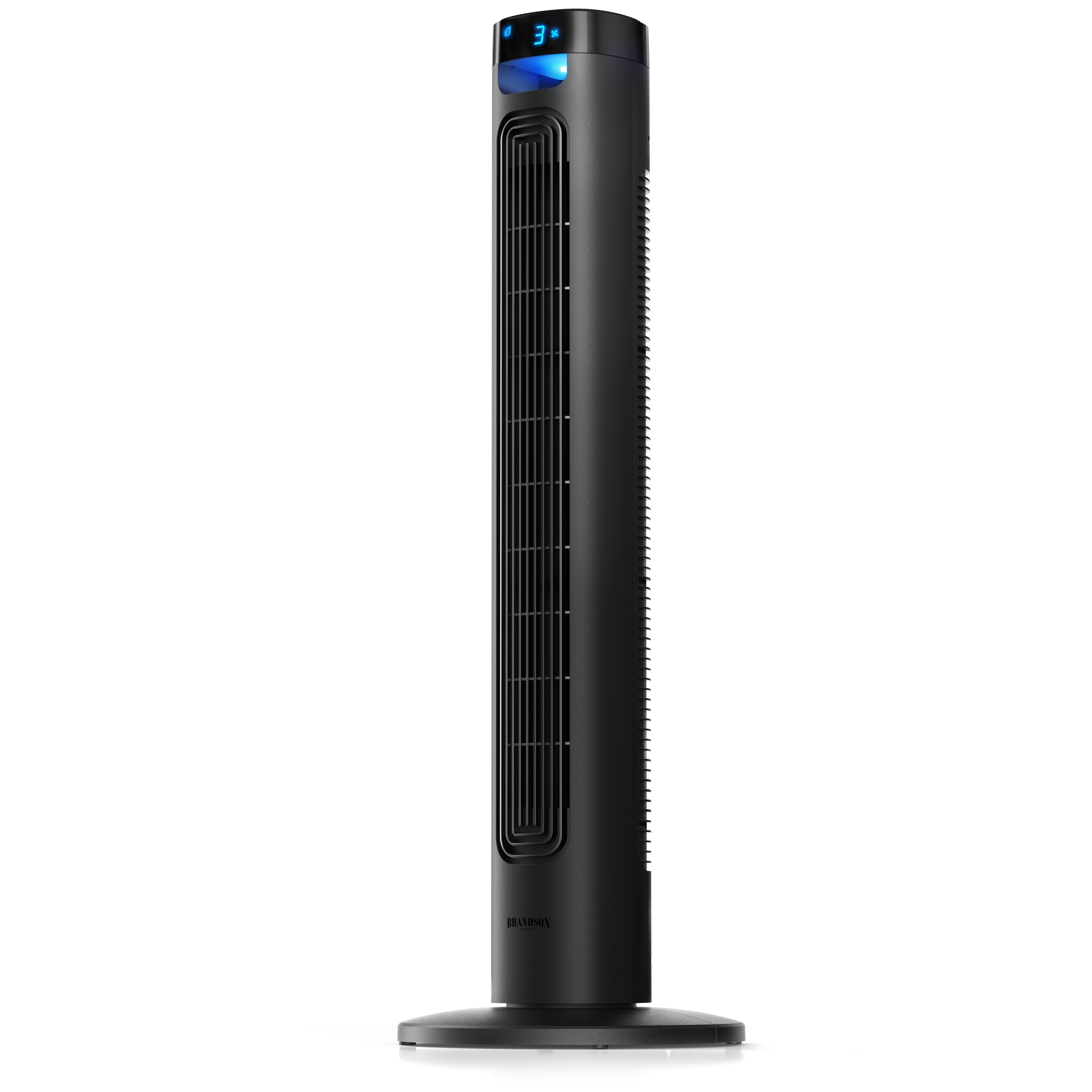 Brandson Turmventilator in Schwarz mit elegantem Design, digitaler Anzeige und Bedienfeld an der Oberseite.