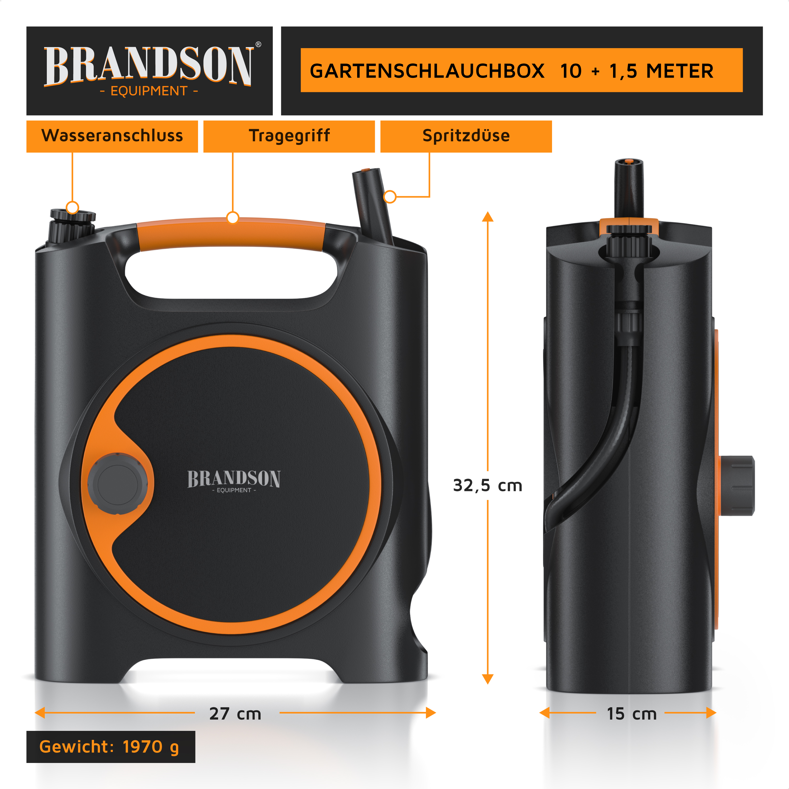 Brandson Gartenschlauchbox mit Tragegriff, Spritzdüse und Wasseranschluss, in Schwarz und Orange, kompakte Bauform.