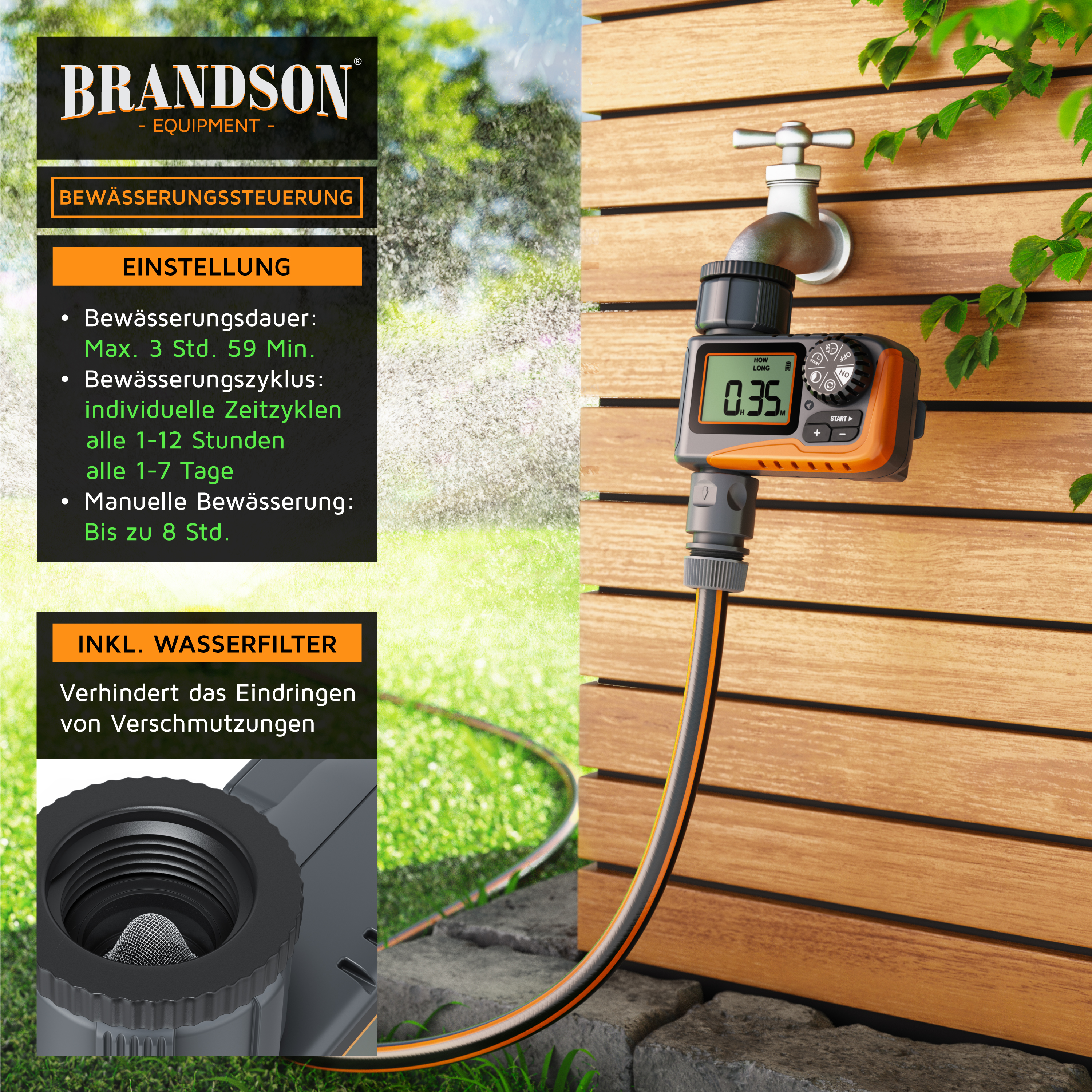 Brandson Bewässerungssteuerung mit digitalem Display, orangefarbenem Gehäuse und Wasserfilter, montiert an einem Wasserhahn.