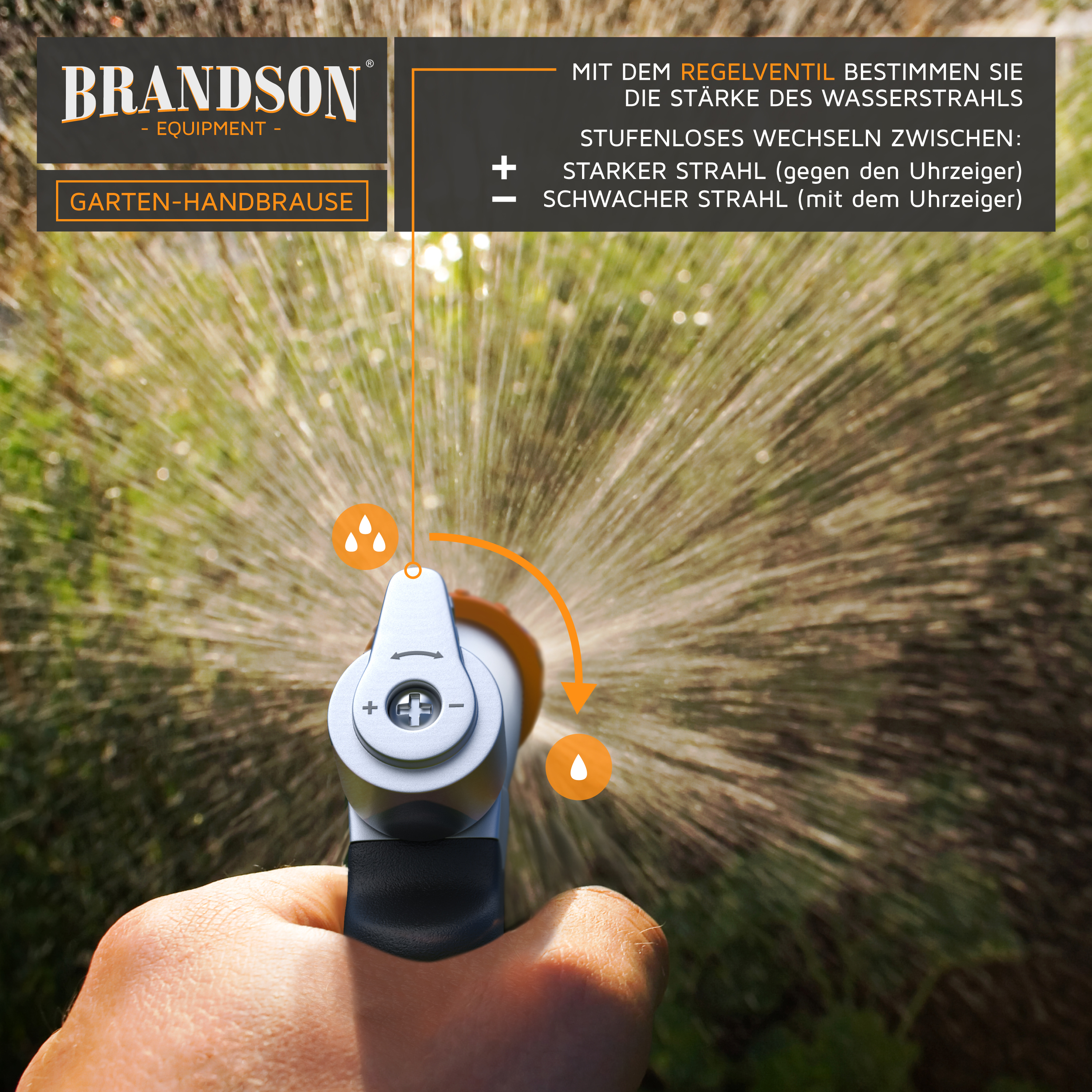 Brandson Garten-Handbrause mit Regelventil zur stufenlosen Anpassung des Wasserstrahls, ergonomischer Griff und silberne Bedienelemente.