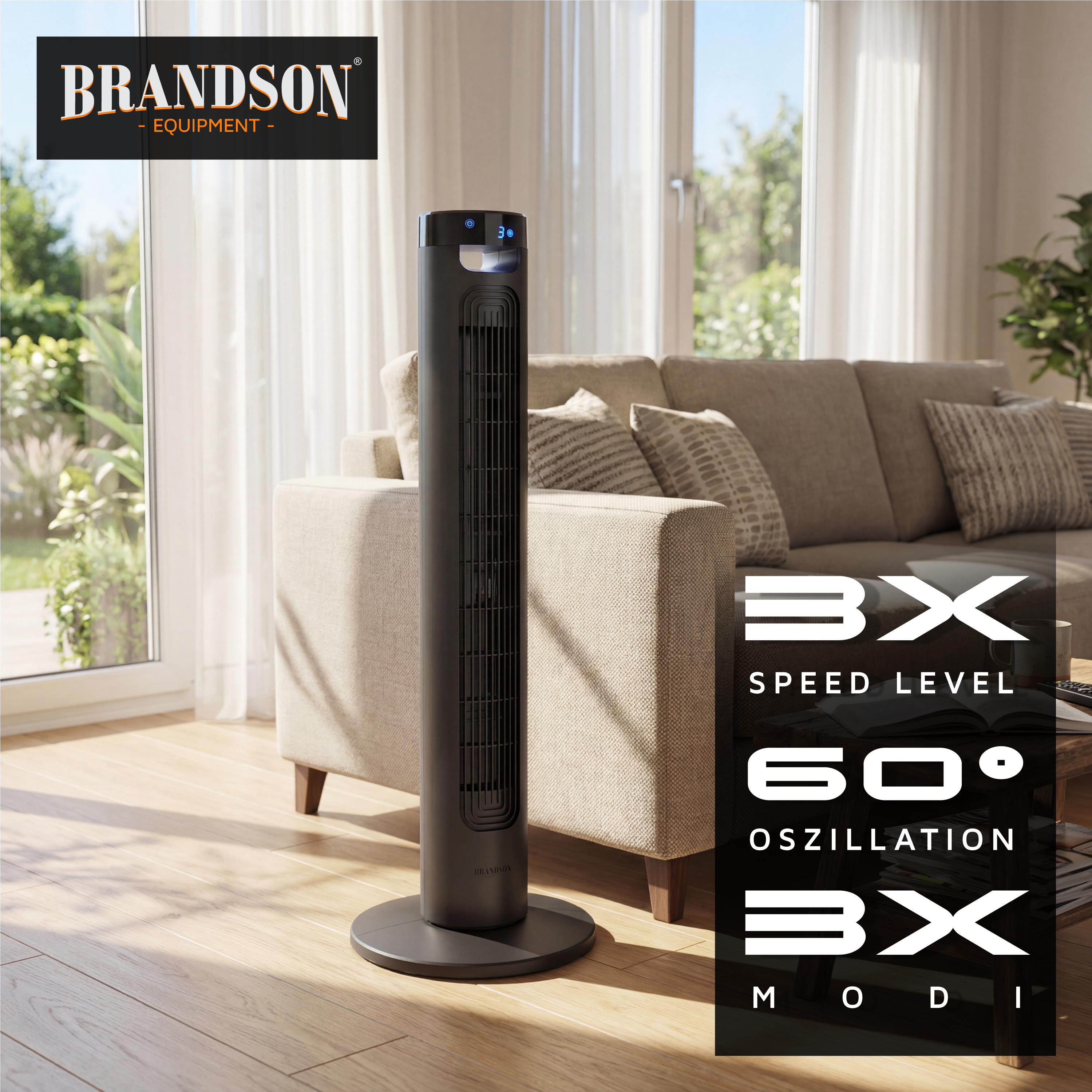 Brandson Turmventilator in Schwarz mit elegantem Design und Bedienfeld, platziert in einem hellen Wohnzimmer.