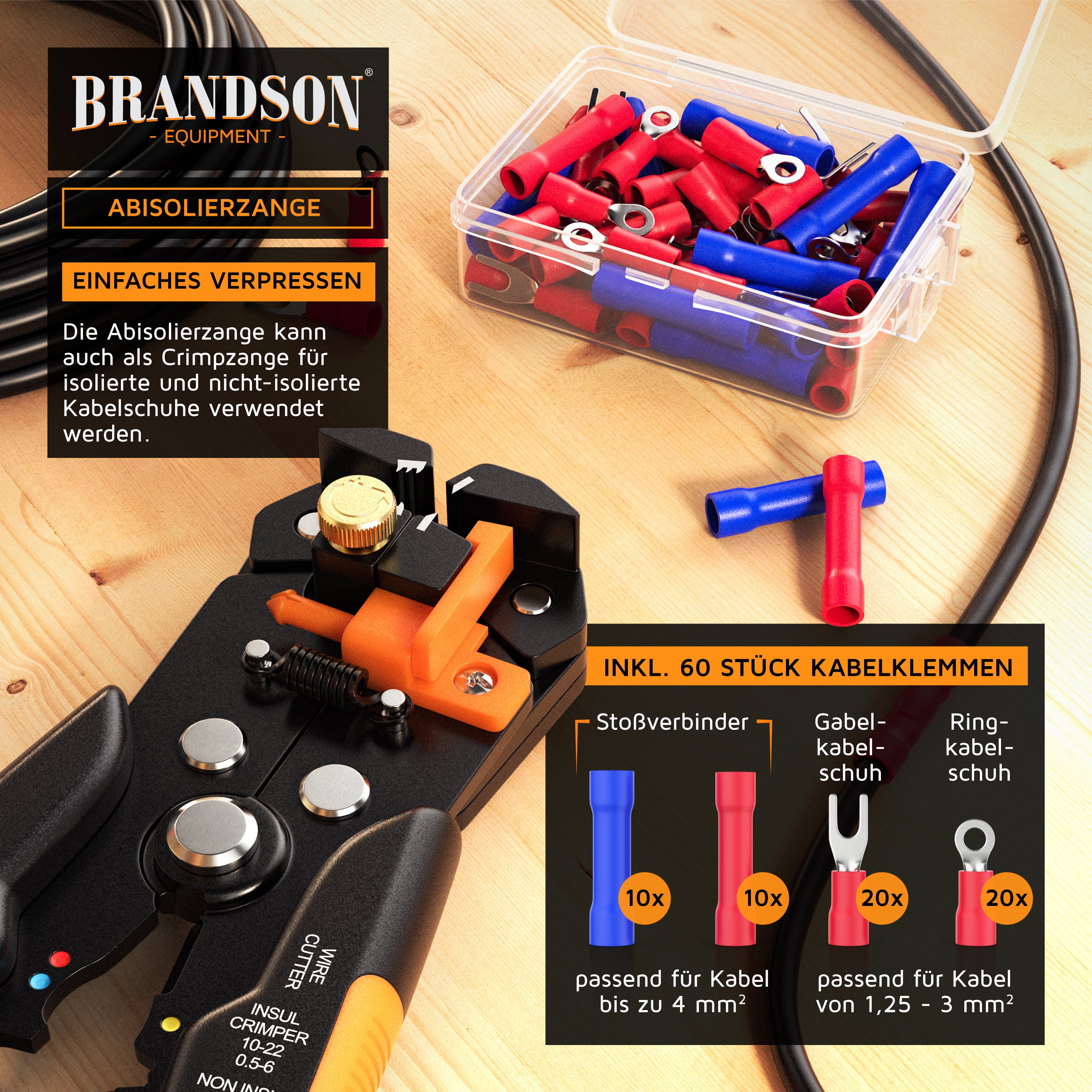 Brandson Abisolierzange mit orangefarbenem Griff und schwarzem Gehäuse, inklusive 60 Kabelklemmen in einer transparenten Box.