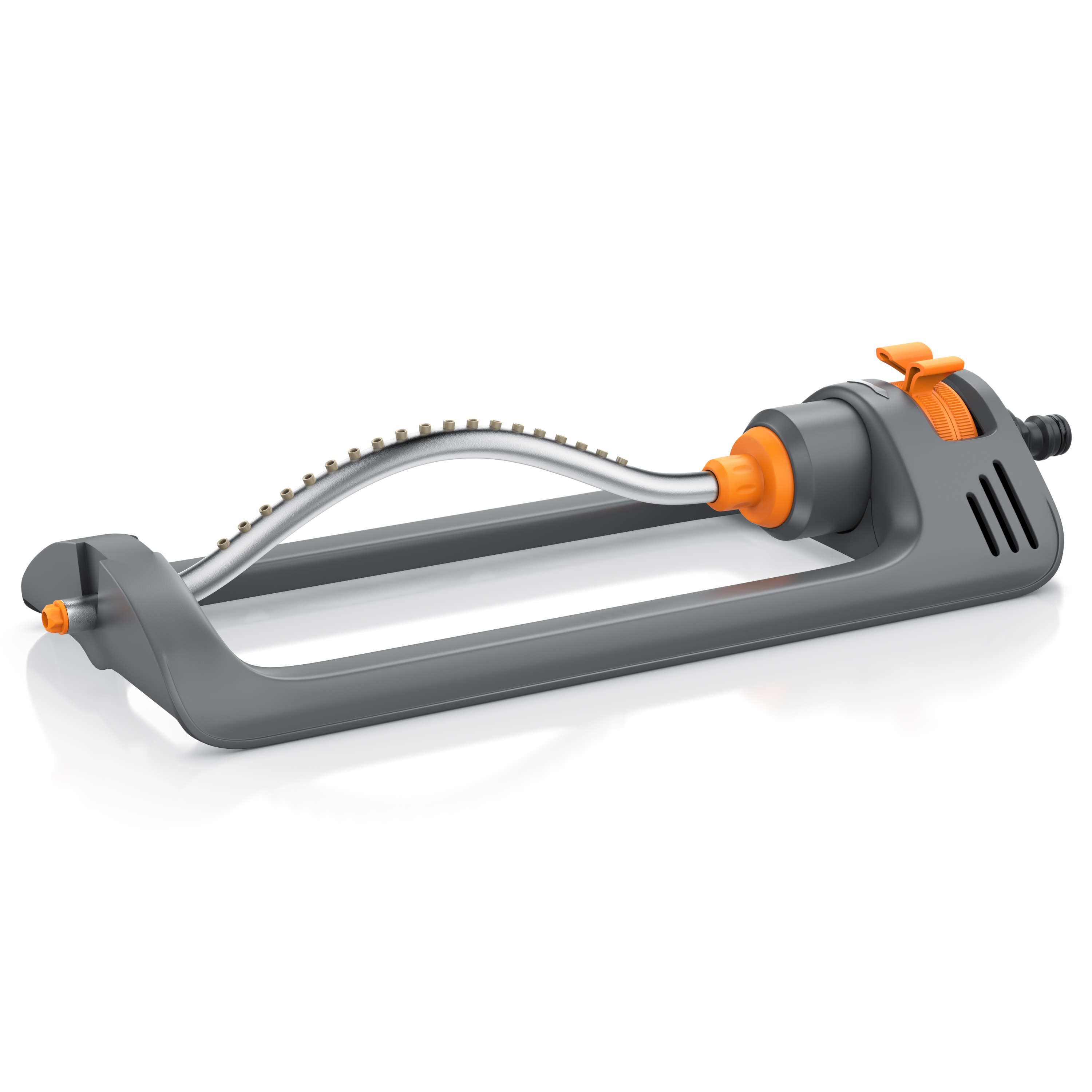 Brandson Sprinkler mit grauem Gehäuse, orangefarbener Steuerung und flexibler Spritzdüse für gleichmäßige Bewässerung.