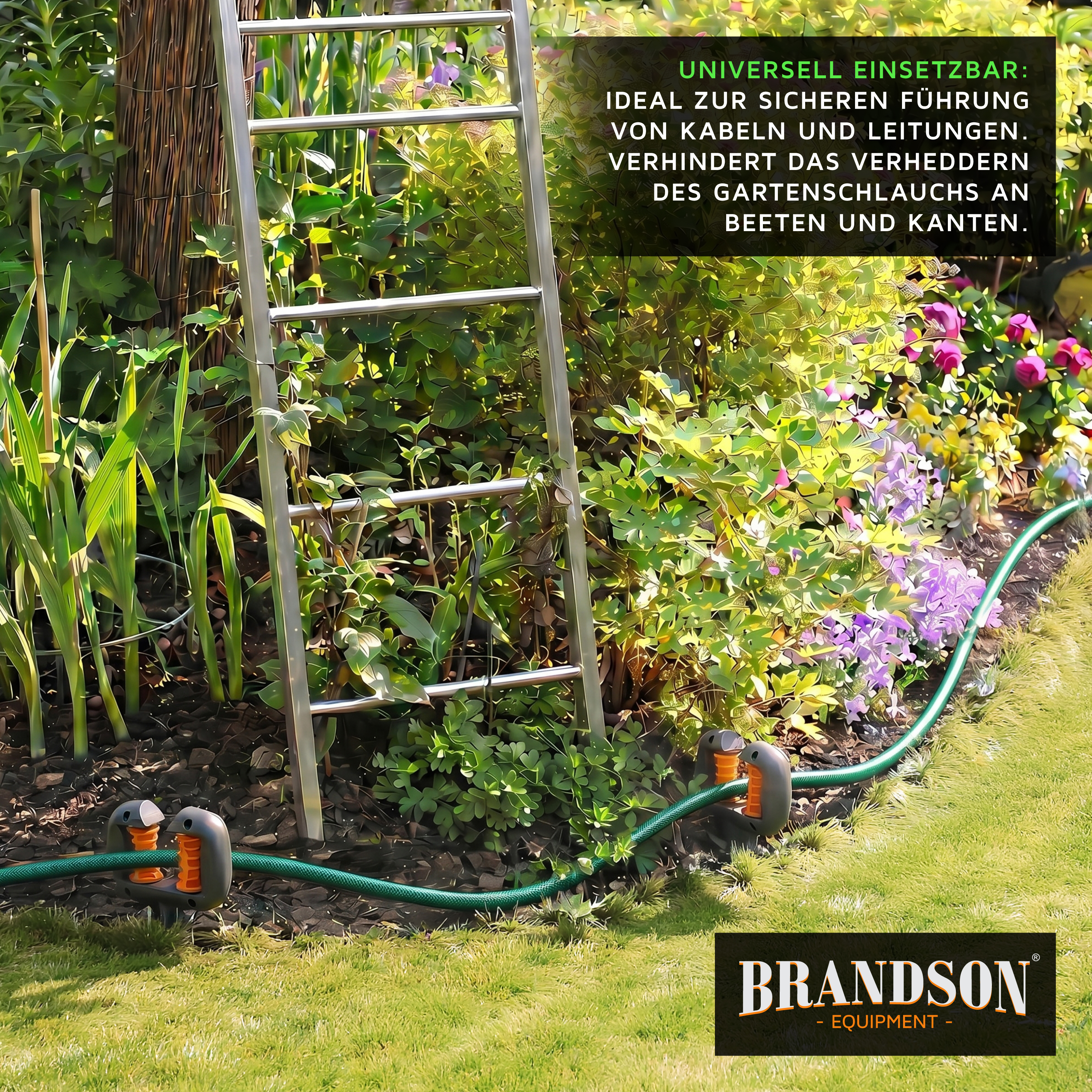 Brandson Schlauchhalter zur sicheren Führung von Gartenschläuchen, mit stabiler Bauform und orangefarbenen Halterungen im Garten.