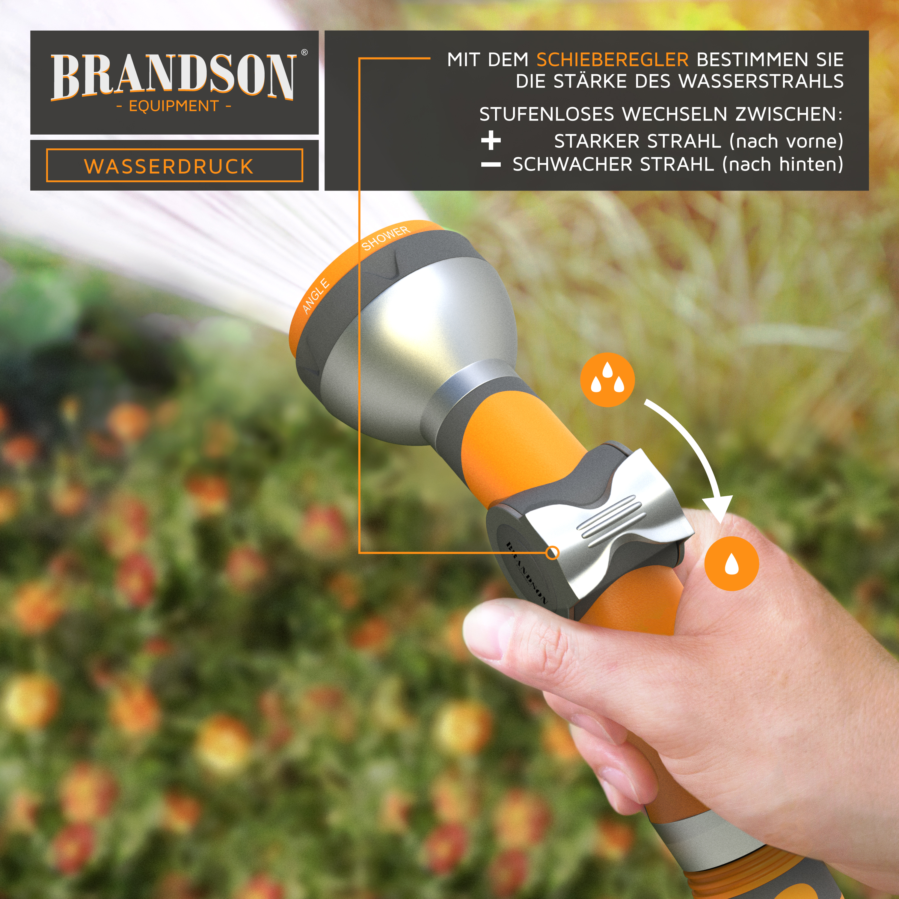 Brandson Wasserpistole mit Schieberegler zur stufenlosen Einstellung des Wasserstrahls, ergonomischer Griff und silber-orangefarbene Details.