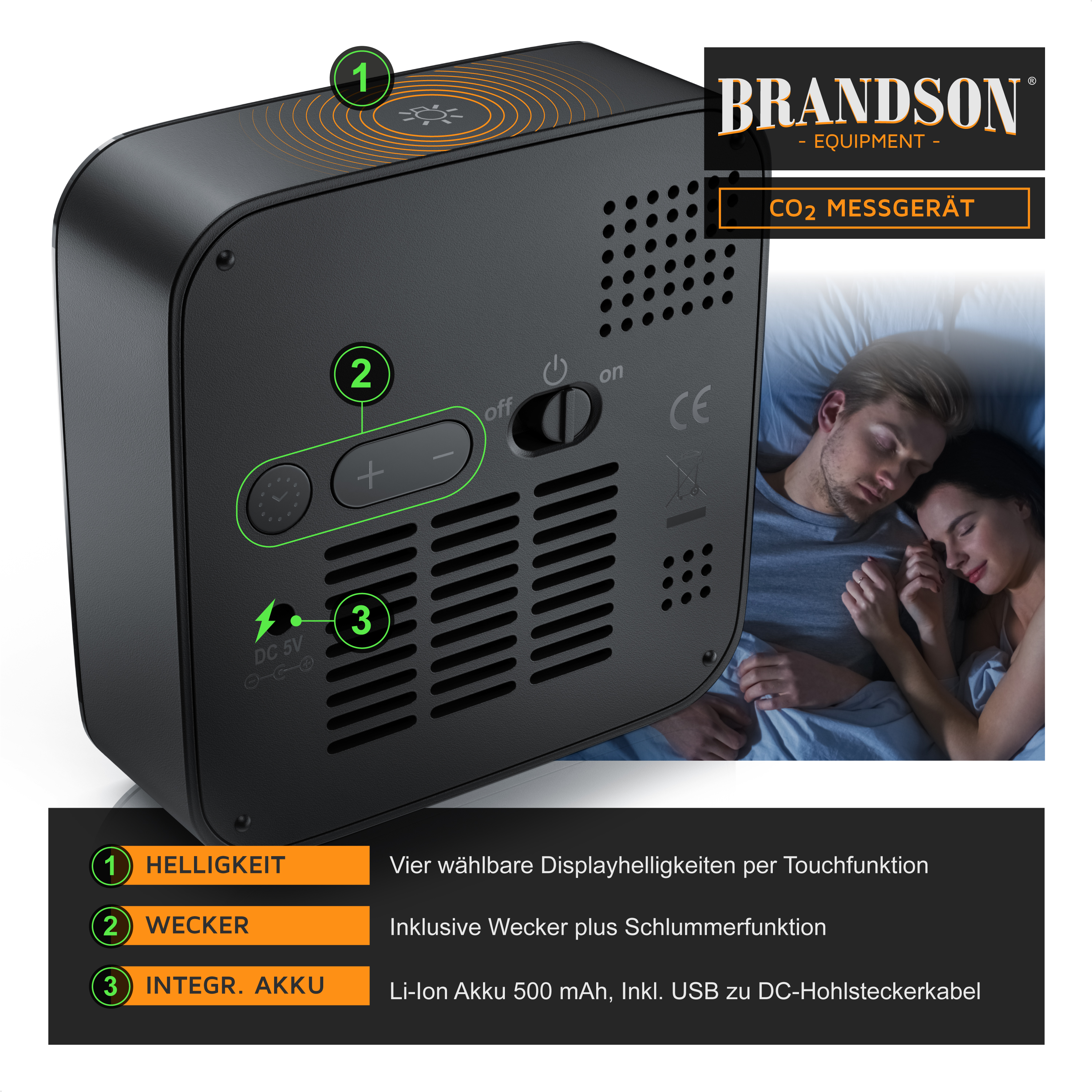 Brandson CO2-Messgerät in Schwarz mit Touch-Display, Bedientasten und integriertem Akku, gezeigt in einer Schlafzimmerumgebung.