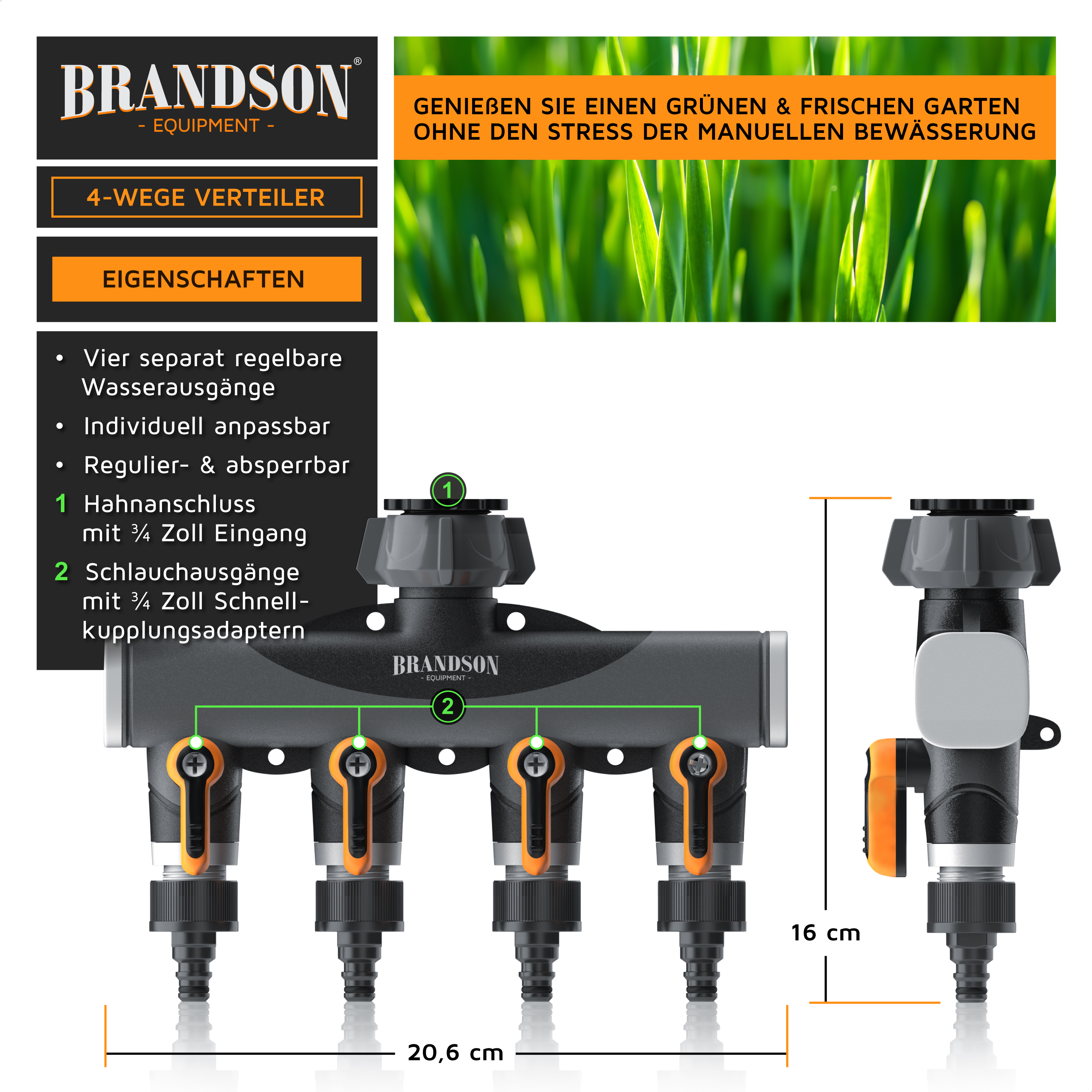 Brandson 4-Wege-Verteiler mit vier verstellbaren Wasserauslässen, schwarzem Kunststoffgehäuse und individuellen Bedienknöpfen für einfache Anpassung.