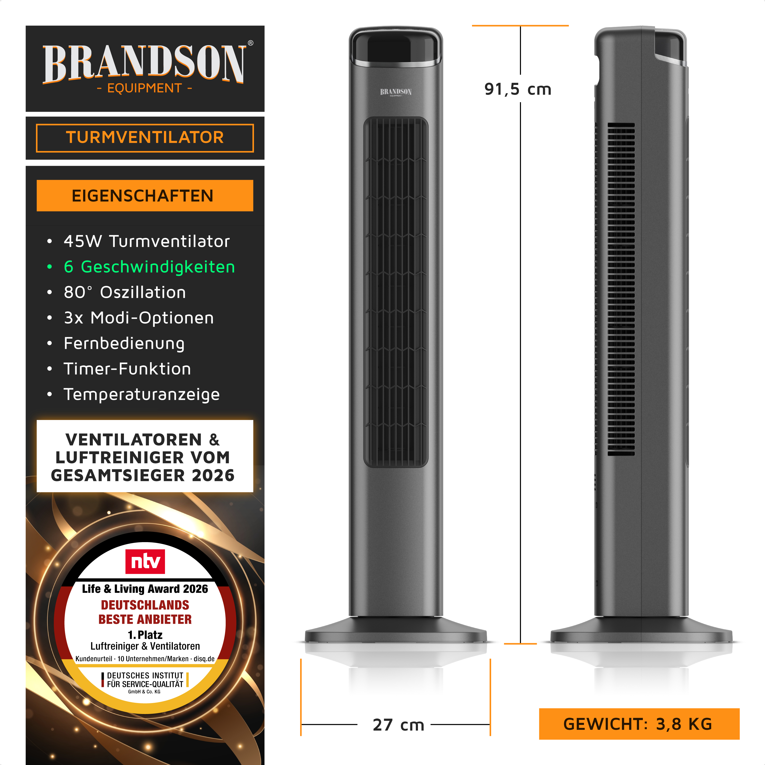 Brandson Turmventilator in Schwarz mit schlanker Bauform, Fernbedienung und Temperaturanzeige, ideal für die Nutzung im Wohnraum.