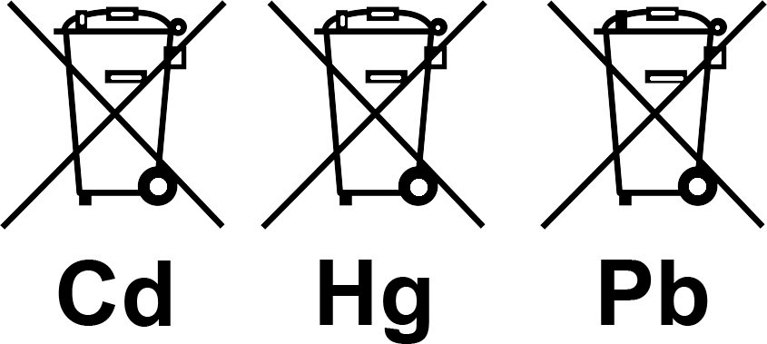 Symbole zur Entsorgung von cadmium-, quecksilber- und bleihaltigen Abfällen mit durchgestrichenen Mülltonnen.