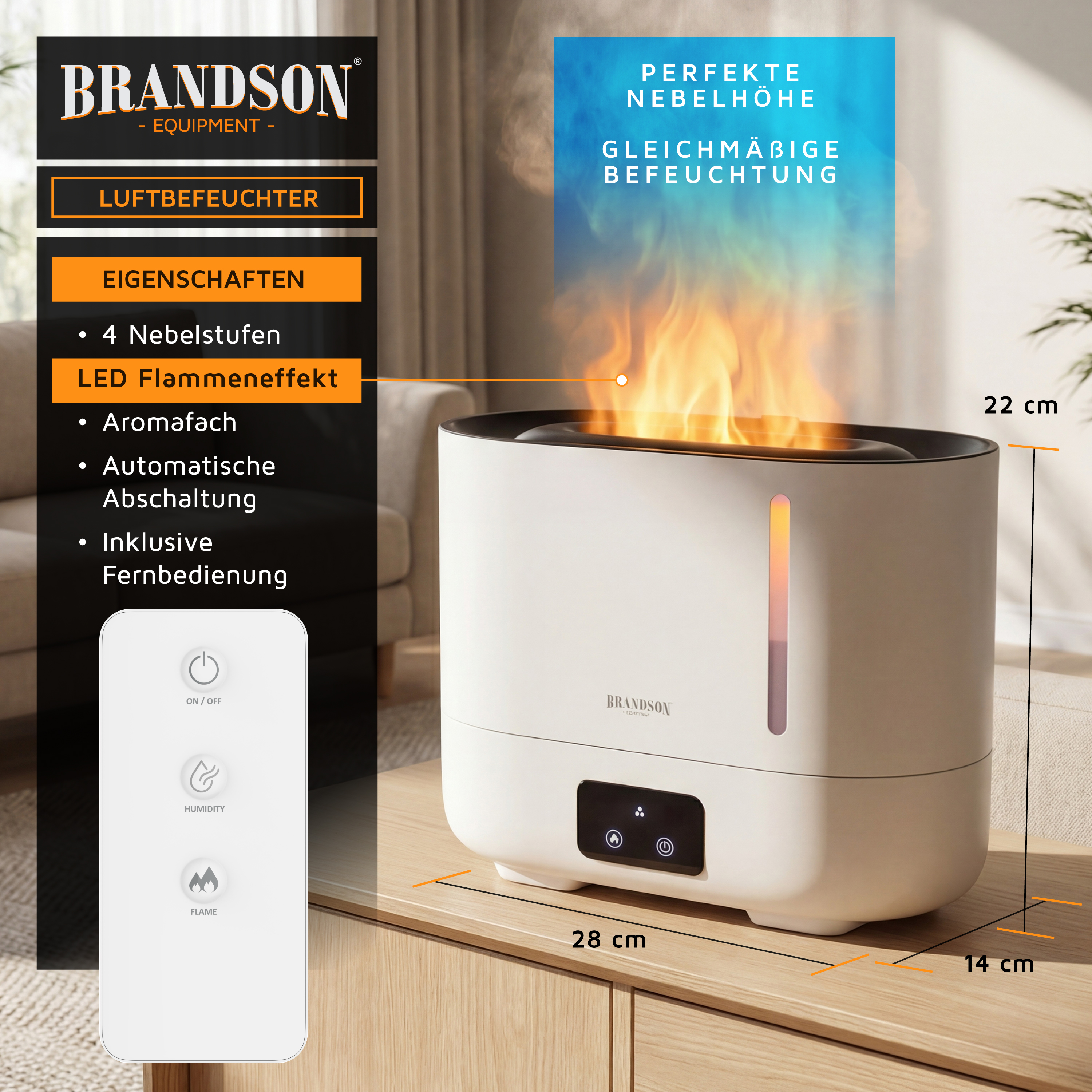 Brandson Luftbefeuchter in Weiß mit LED-Flammeneffekt, Bedienfeld und Fernbedienung auf einem Tisch.