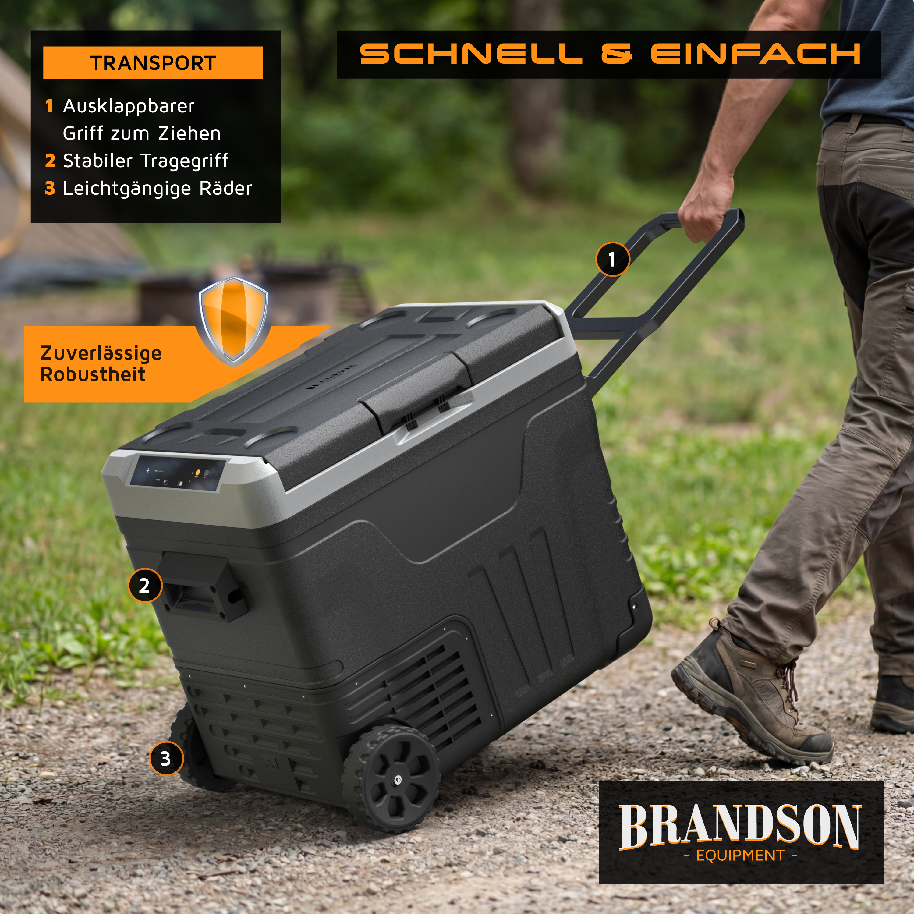 Mobile Kühlbox von Brandson mit ausziehbarem Griff, stabilen Rädern und robustem Design, gezeigt im Einsatz im Freien.