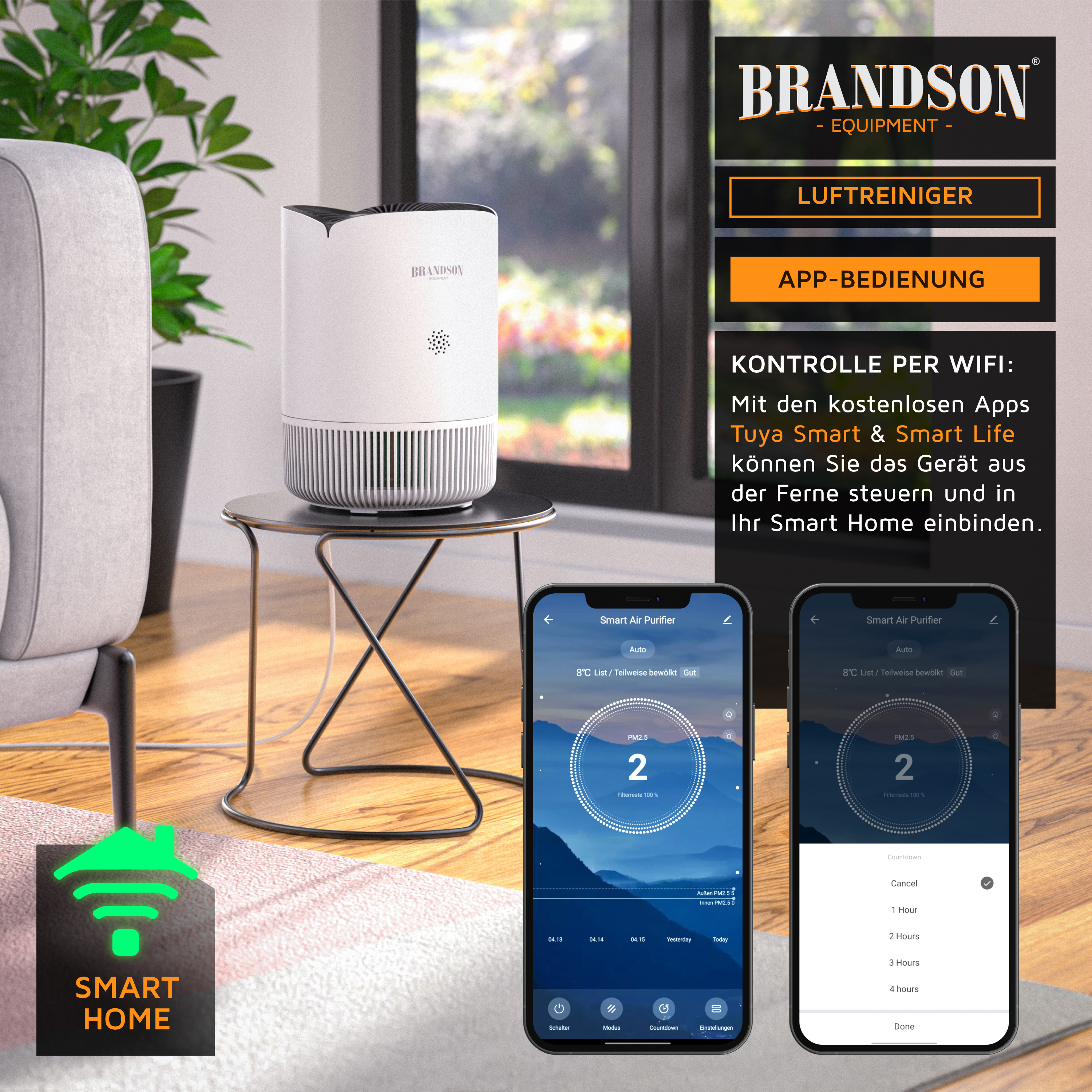 Brandson Luftreiniger in Weiß auf einem Beistelltisch, mit schlankem Design und WLAN-Steuerung per Smartphone-App.