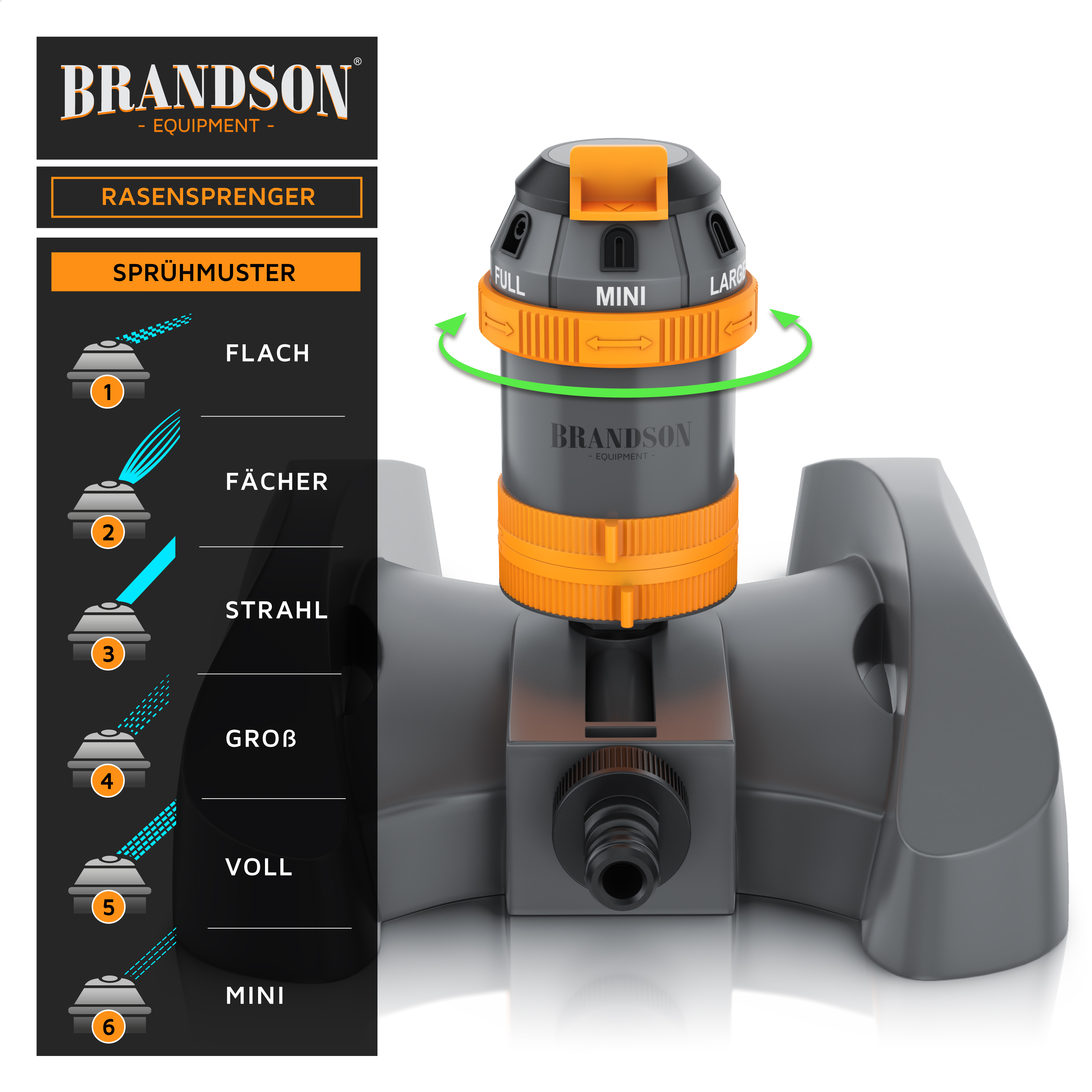 Brandson Rasensprenger mit einstellbarem Sprühmuster, grauem Gehäuse und orangefarbenem Drehknopf zur Anpassung der Sprühstärke.