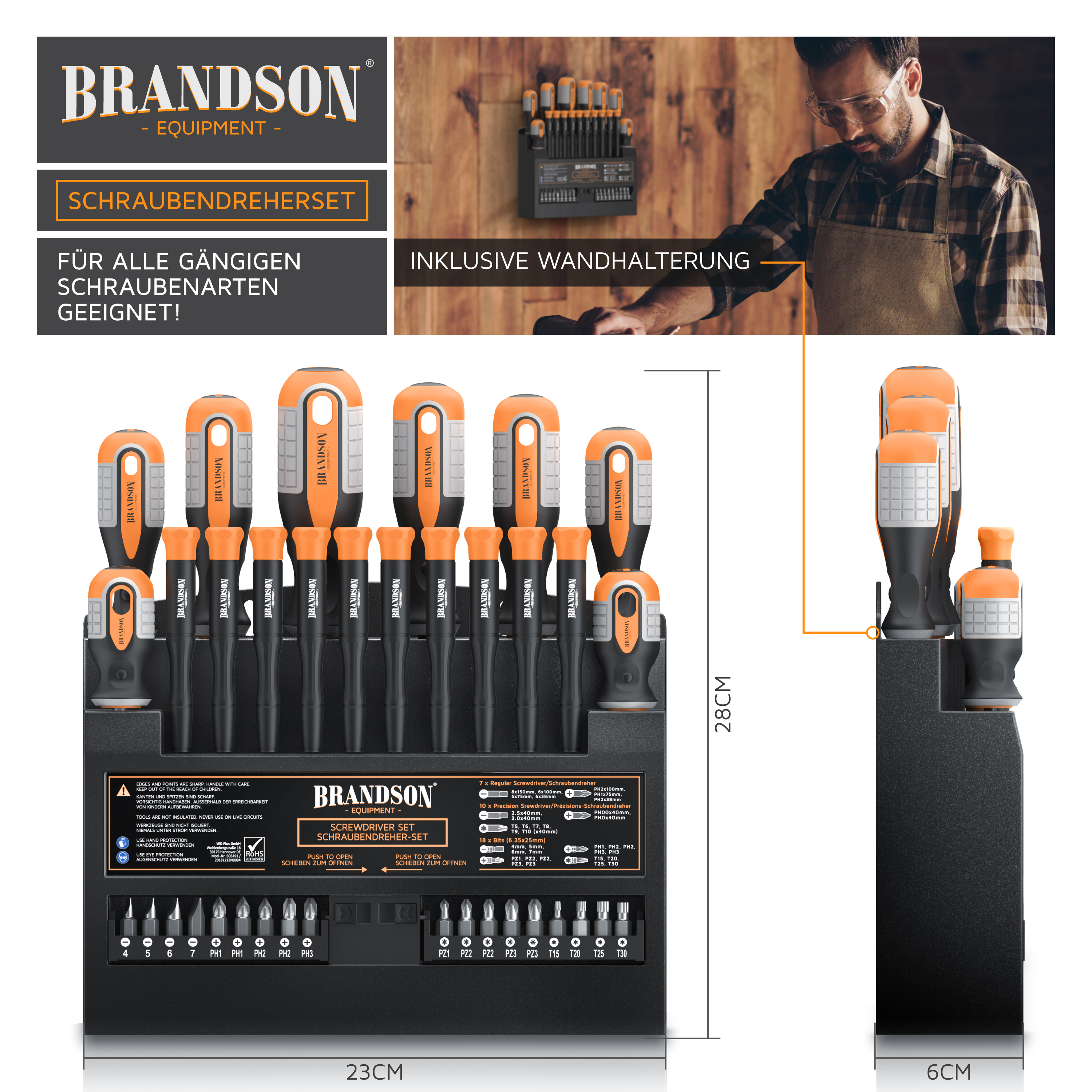 Schraubendreher-Set von Brandson mit orangefarbenen und schwarzen Griffen, inklusive Wandhalter und verschiedenen Schraubendrehertypen für unterschiedliche Schraubengrößen.