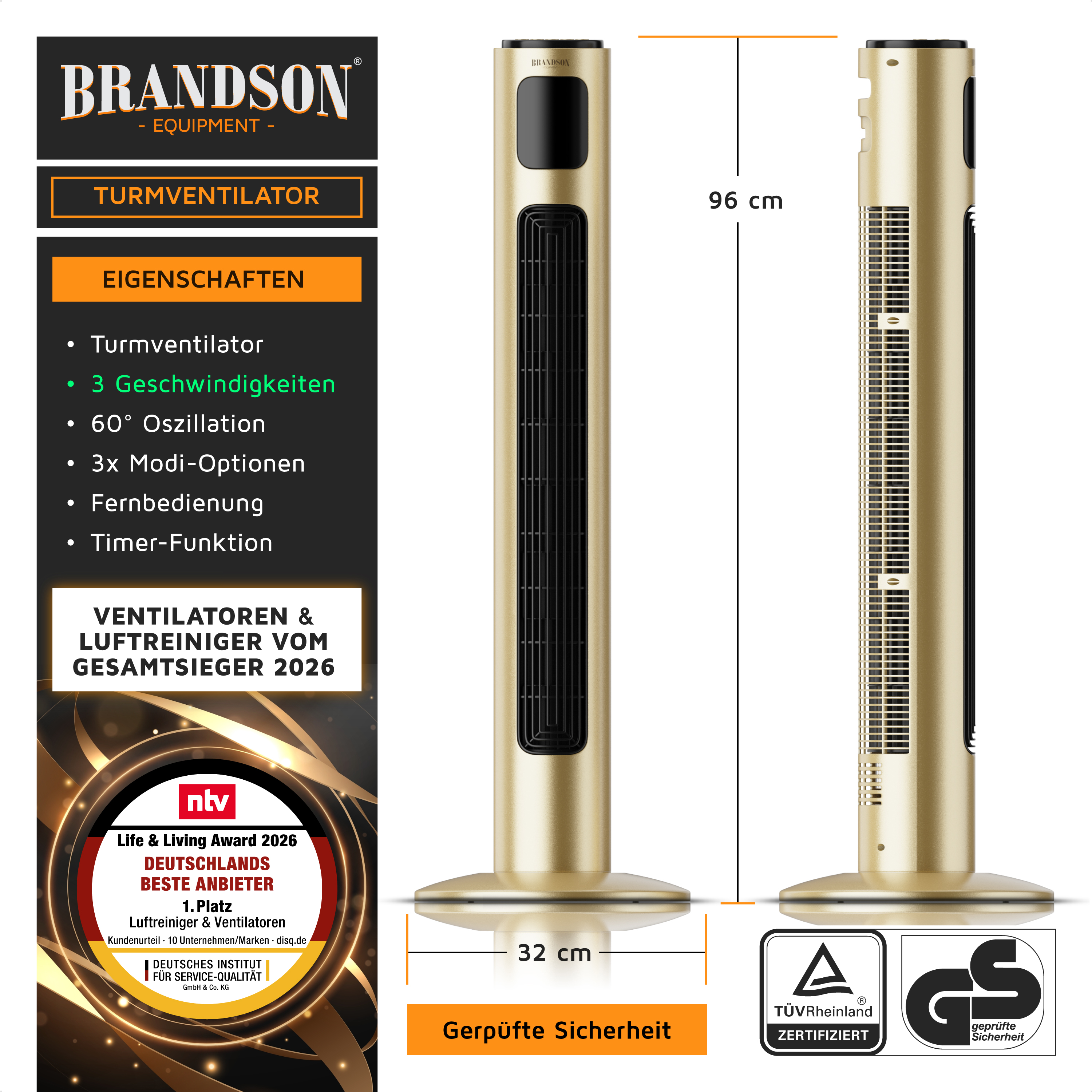 Brandson Turmventilator in Gold mit schmalem Design, Fernbedienung und Timer-Funktion, 96 cm hoch und 32 cm breit.