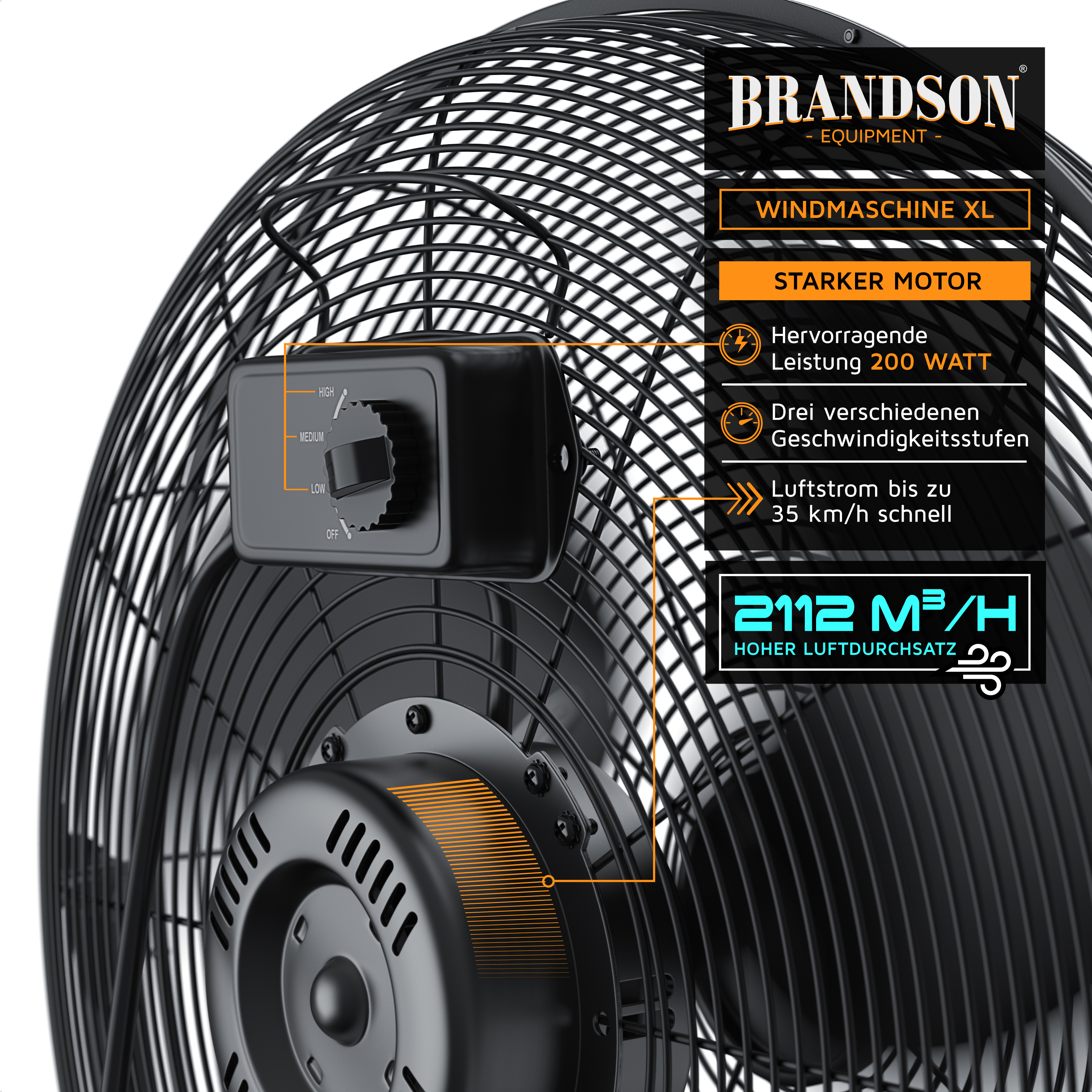 Brandson Windmaschine XL mit starkem Motor, drei Geschwindigkeitsstufen, schwarzem Gehäuse und Bedienfeld zur einfachen Steuerung.