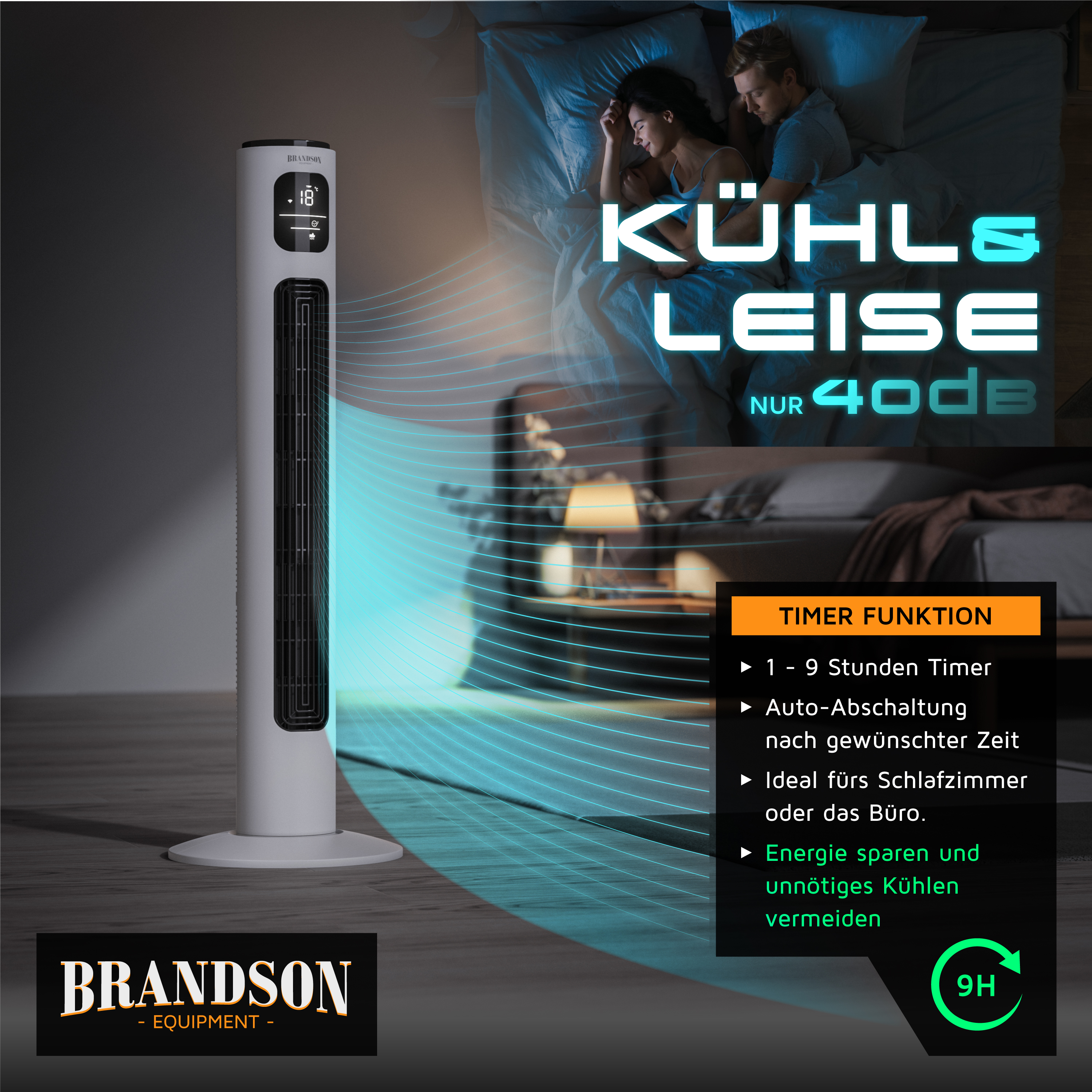 Brandson Turmventilator in Weiß mit Digitalanzeige, Timerfunktion und elegantem Design, ideal für Schlafzimmer oder Büros.
