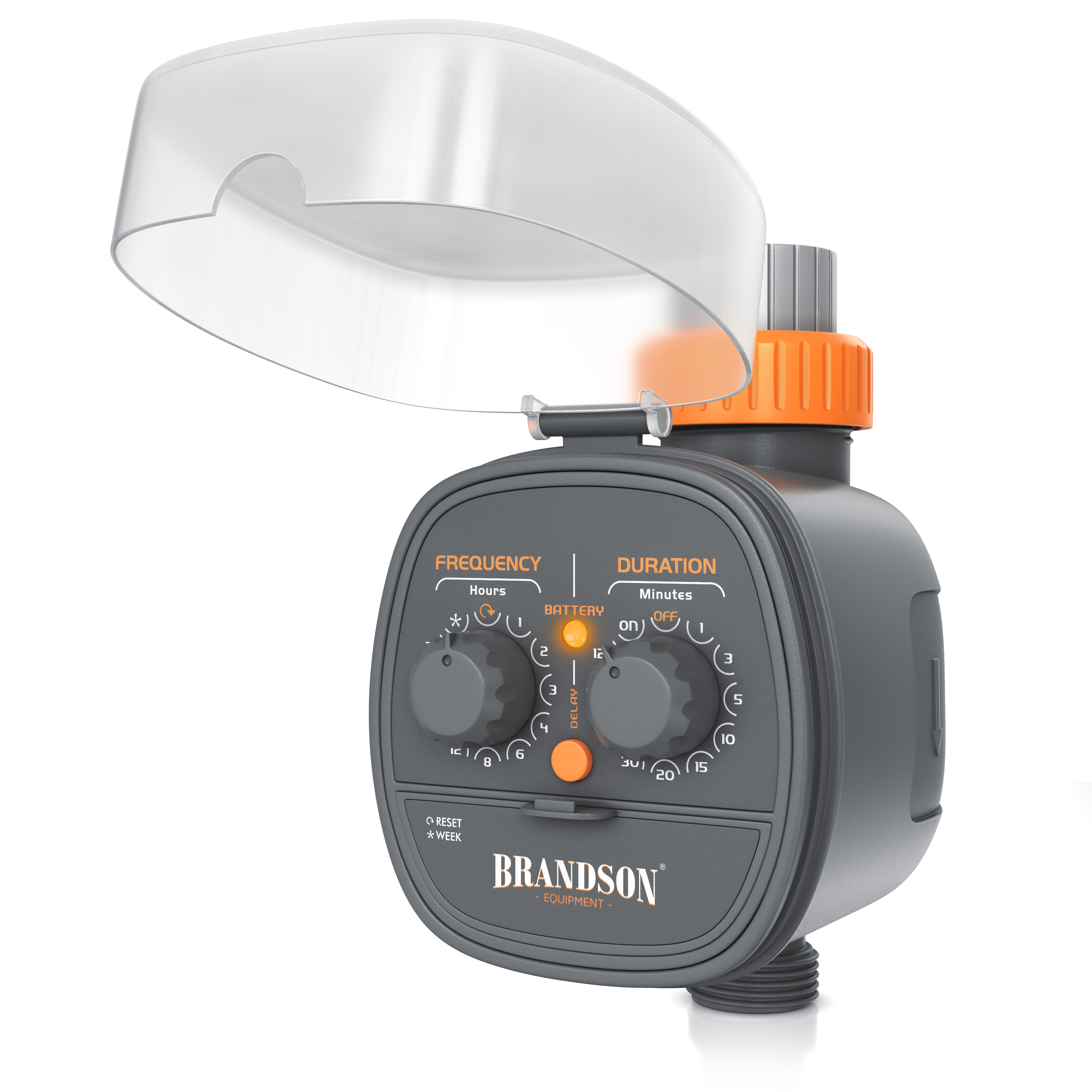 Digitaler Brandson-Timer mit orangefarbenem Knopf und Batterieanzeige sowie Frequenz- und Dauerskalen für präzise Steuerung.