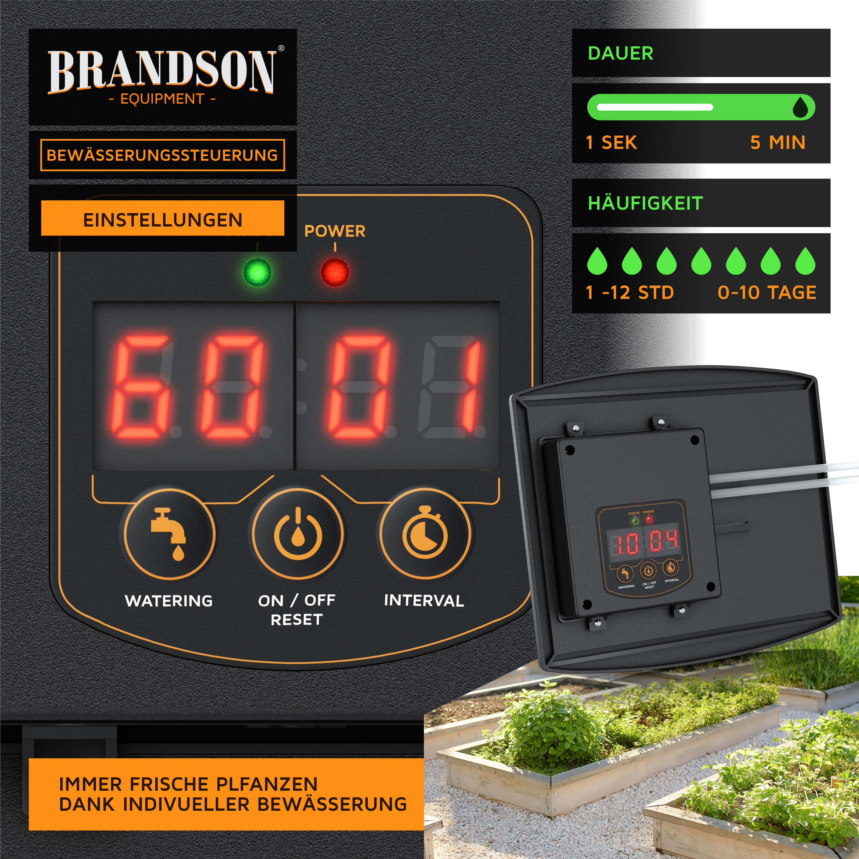 Brandson Bewässerungssteuerung mit digitalem Display, Tasten für Einstellungen und zwei LED-Anzeigen für Power und Status.