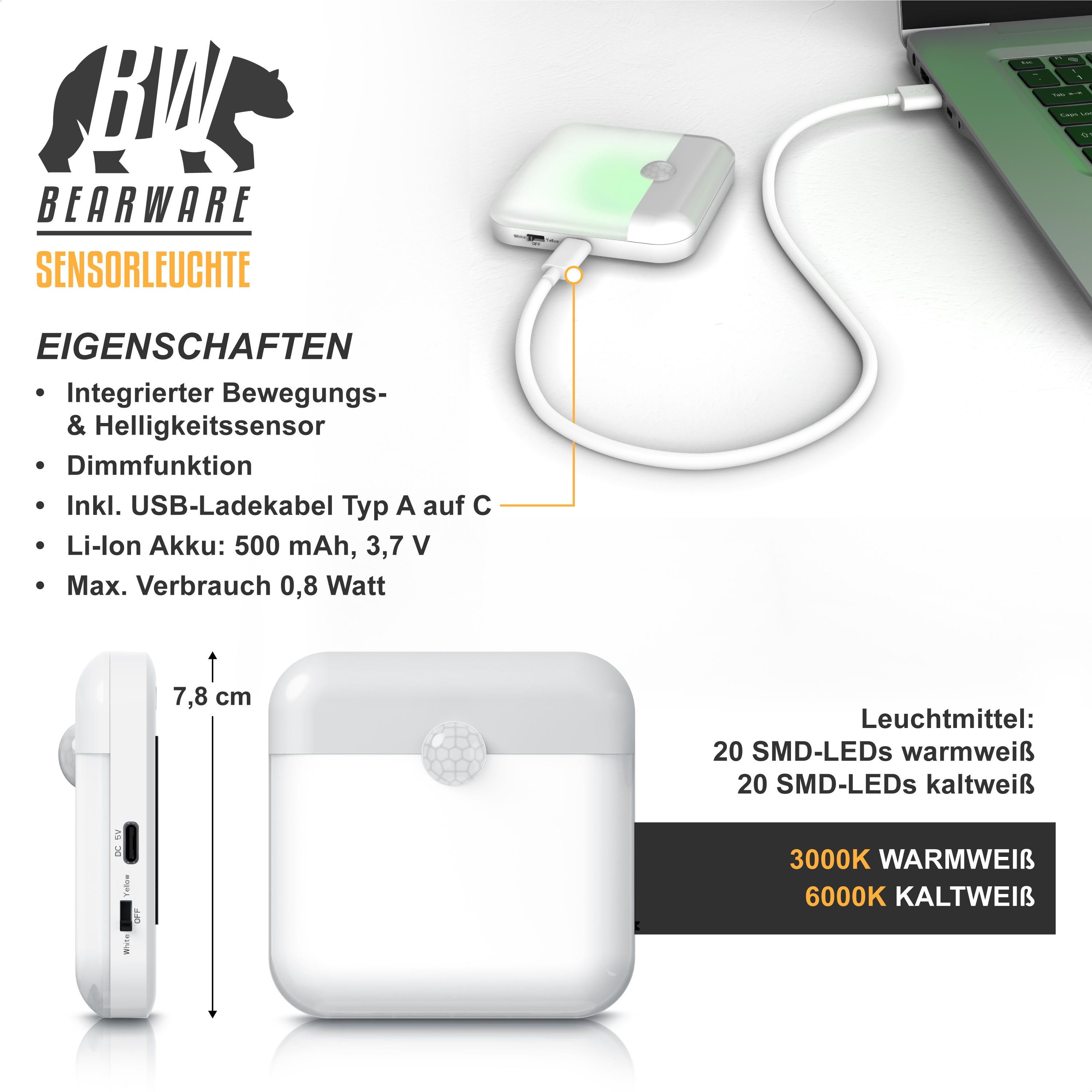 Brandson Sensorleuchte mit integriertem Bewegungs- und Helligkeitssensor, kompakte Bauform in Weiß, USB-C-Anschluss, dimmbar.