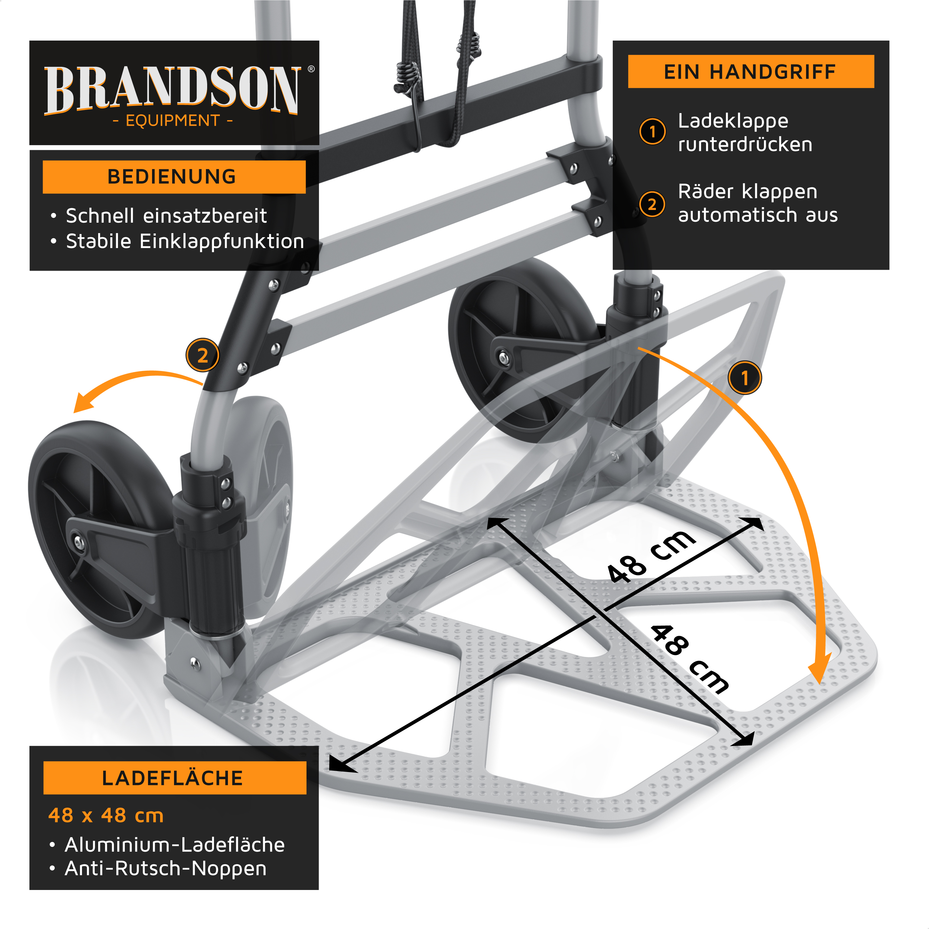 Brandson-Ladeplattform mit einer 48 x 48 cm großen Aluminiumoberfläche, Anti-Rutsch-Noppen und einem Handgriff für einfachen Transport.