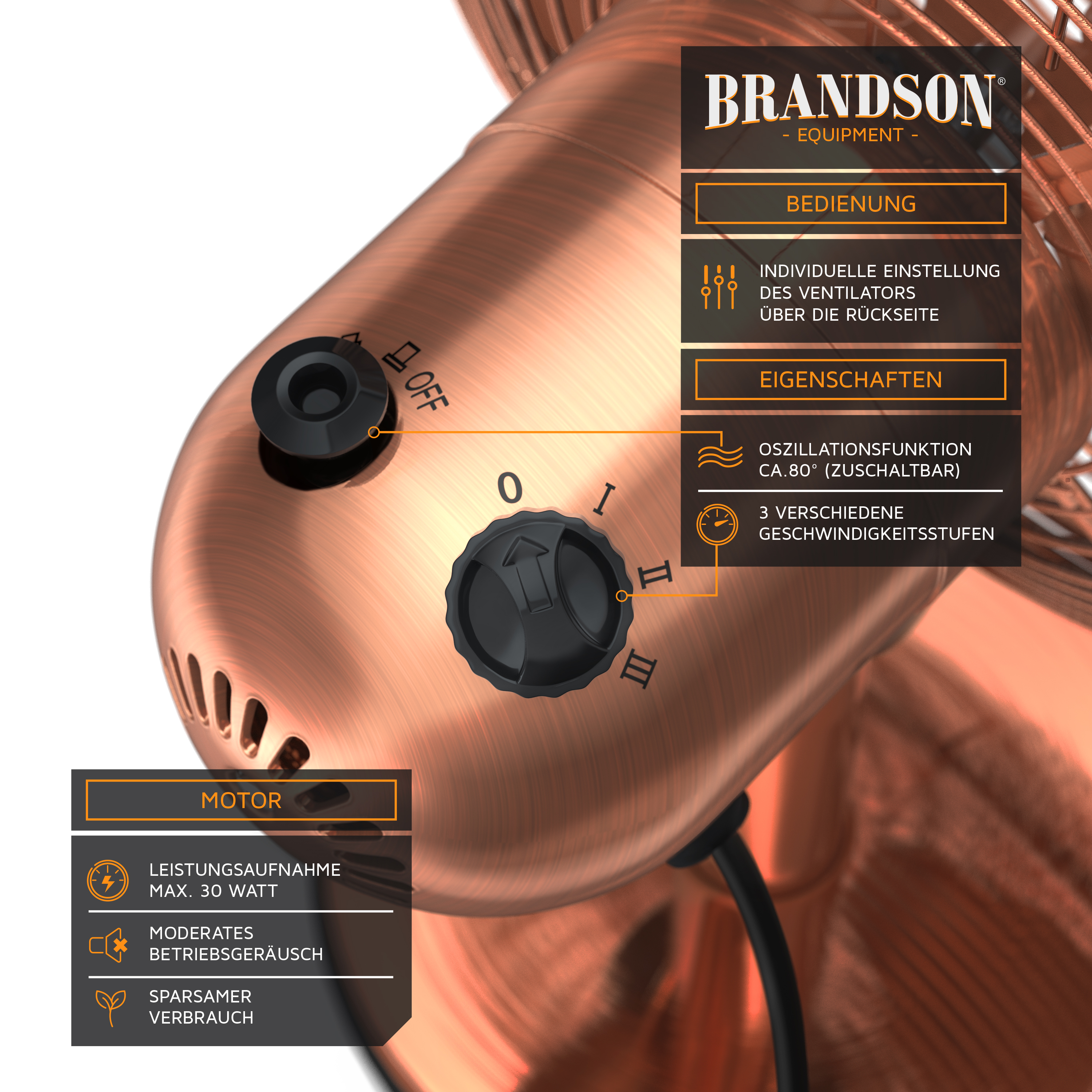 Standventilator von Brandson mit Kupferoberfläche, mit Bedienknöpfen für Geschwindigkeit und Oszillation, konzipiert für eine effiziente Luftzirkulation.