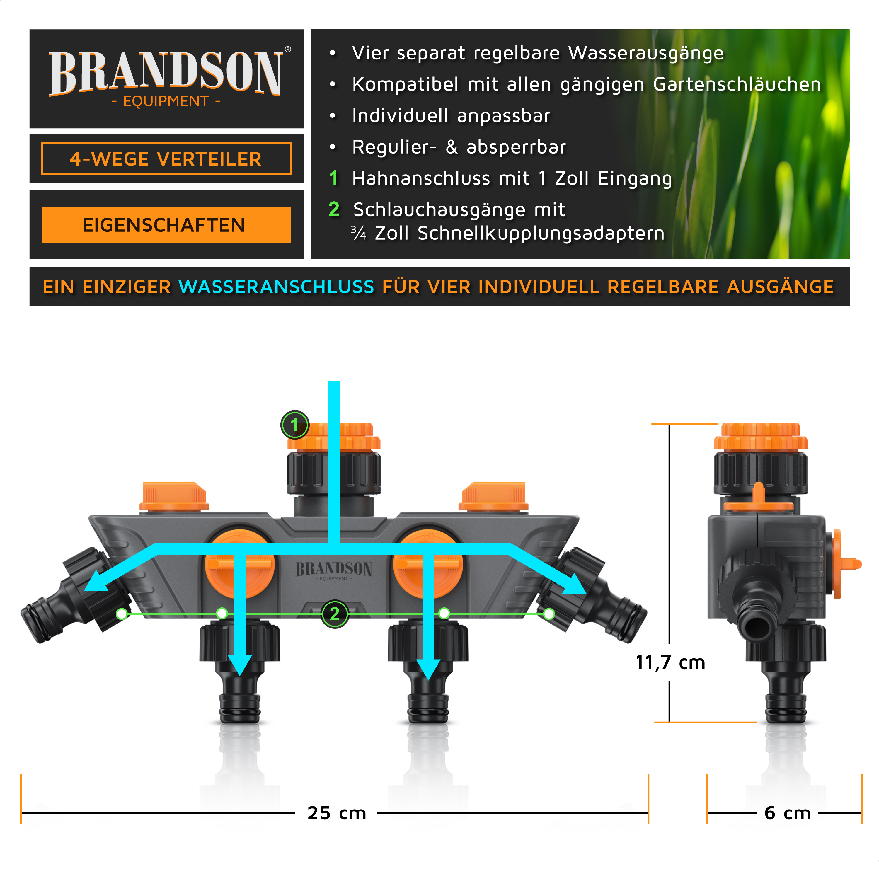 Brandson 4-Wege-Verteiler mit vier regulierbaren Wasseranschlüssen, orangefarbenen Drehknöpfen und grauem Gehäuse, geeignet für Gartenschläuche.