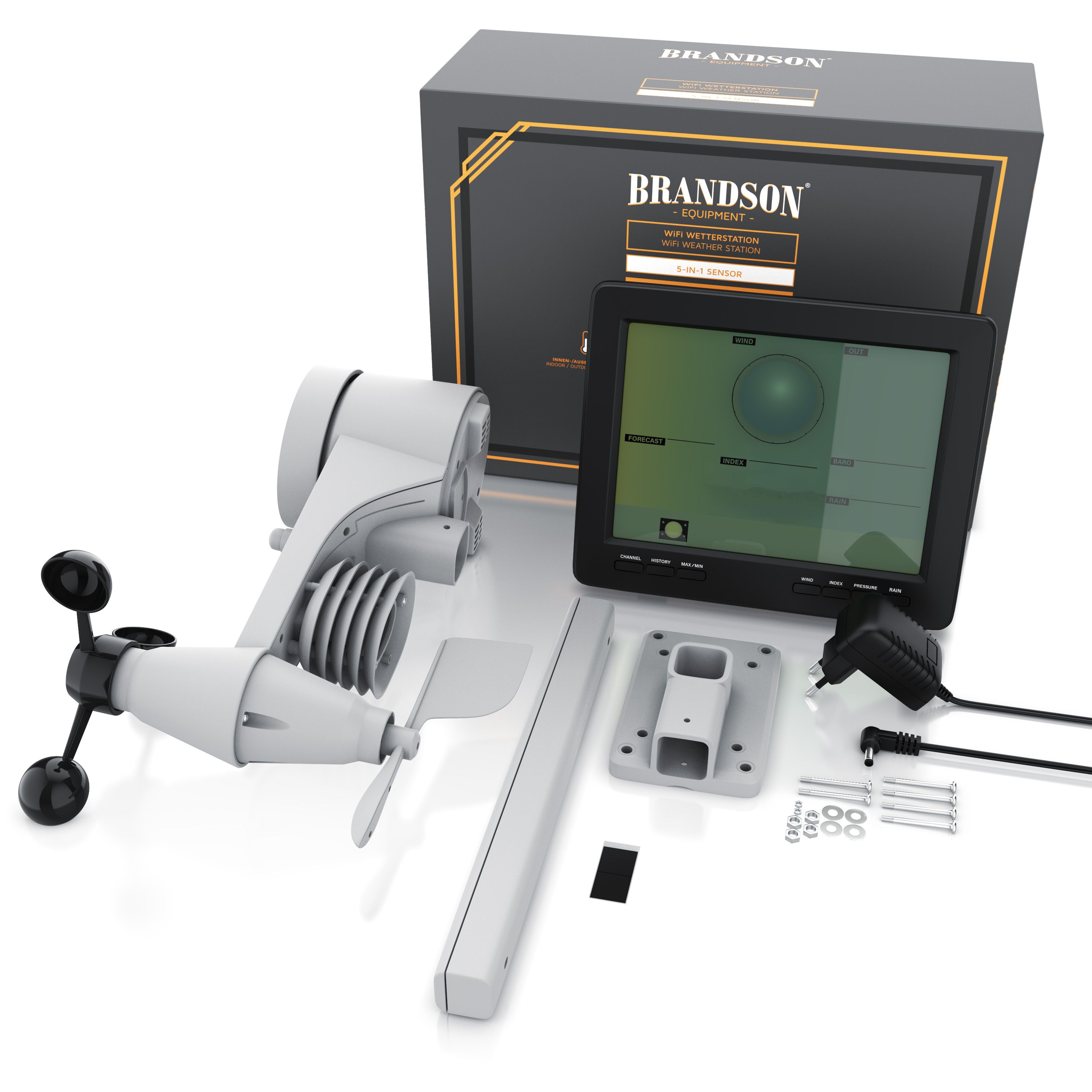 WLAN-Wetterstation von Brandson mit Display, Sensor, Montagezubehör und Verpackung in elegantem Design in Weiß.