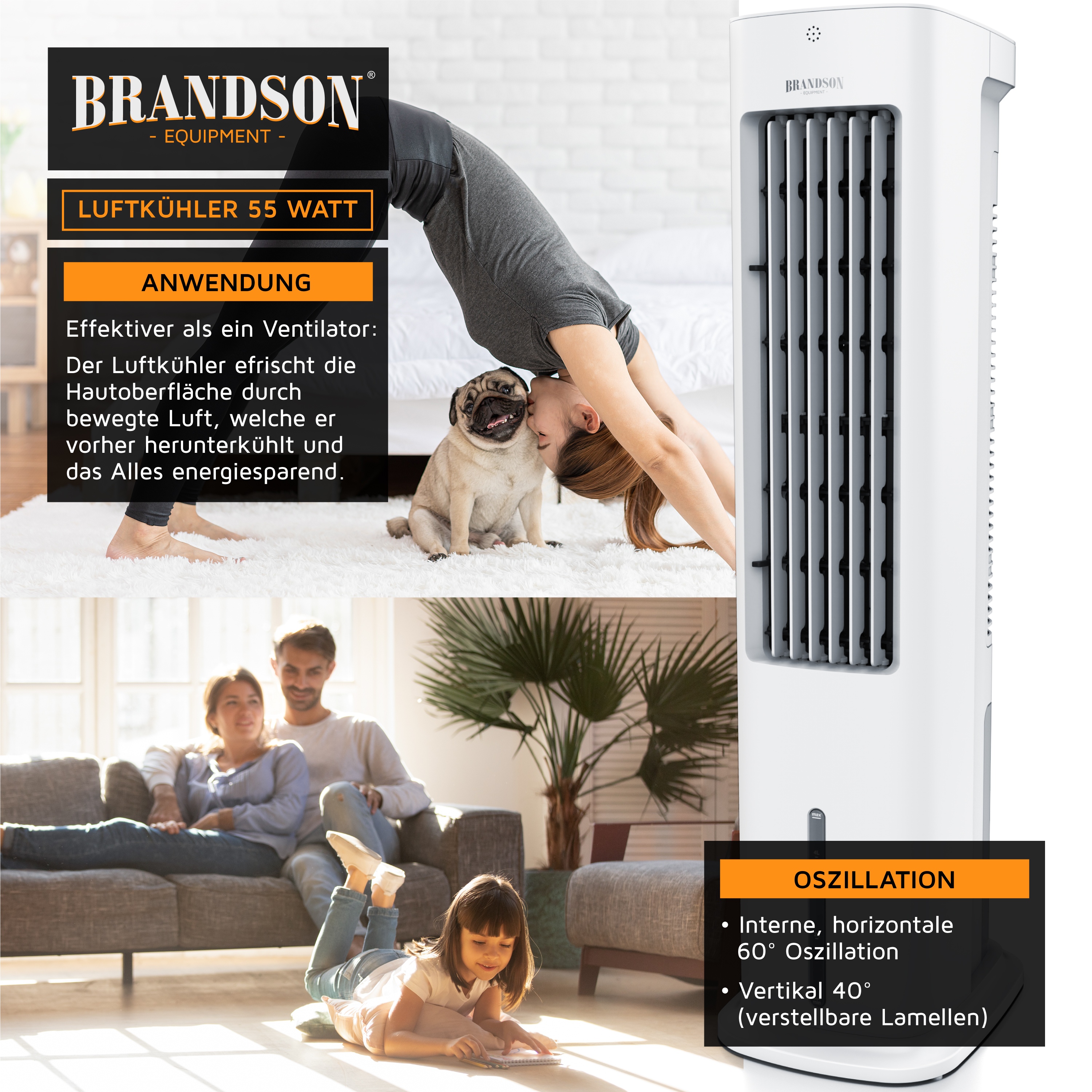 Brandson-Luftkühler mit schlankem Turmdesign, weißer Farbe und einstellbarer vertikaler und horizontaler Oszillation, verwendet in einem Wohnzimmer.