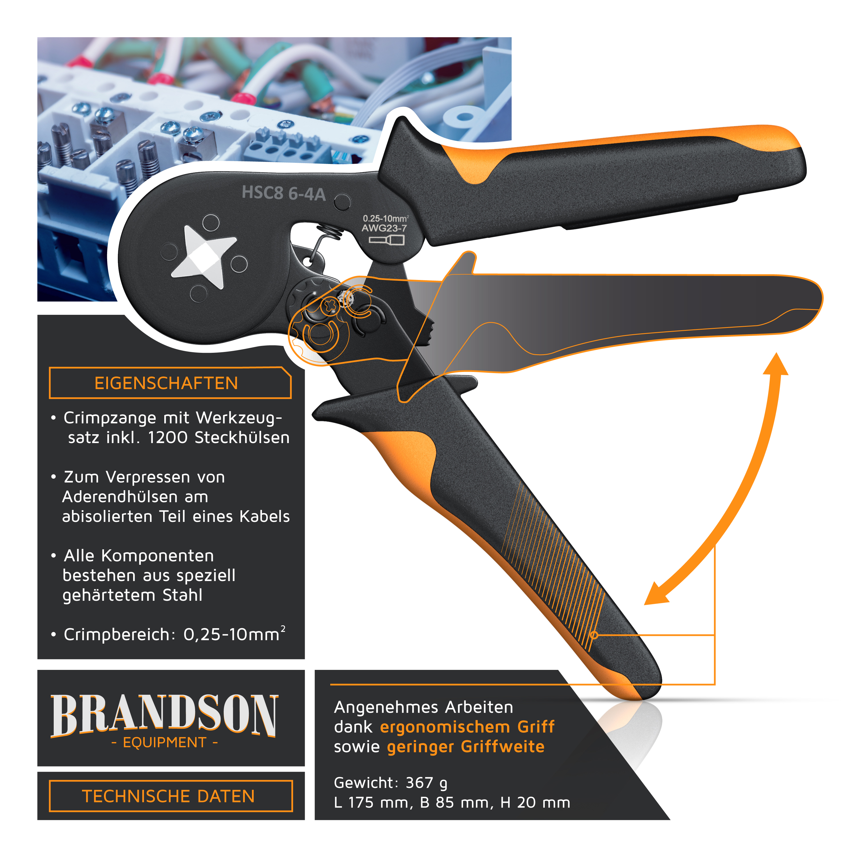 Crimpzange von Brandson mit ergonomischem Griff, Design in Schwarz und Orange, geeignet zum Crimpen von Drahtverbindern, inklusive Werkzeugsatz mit 1200 Hülsen.