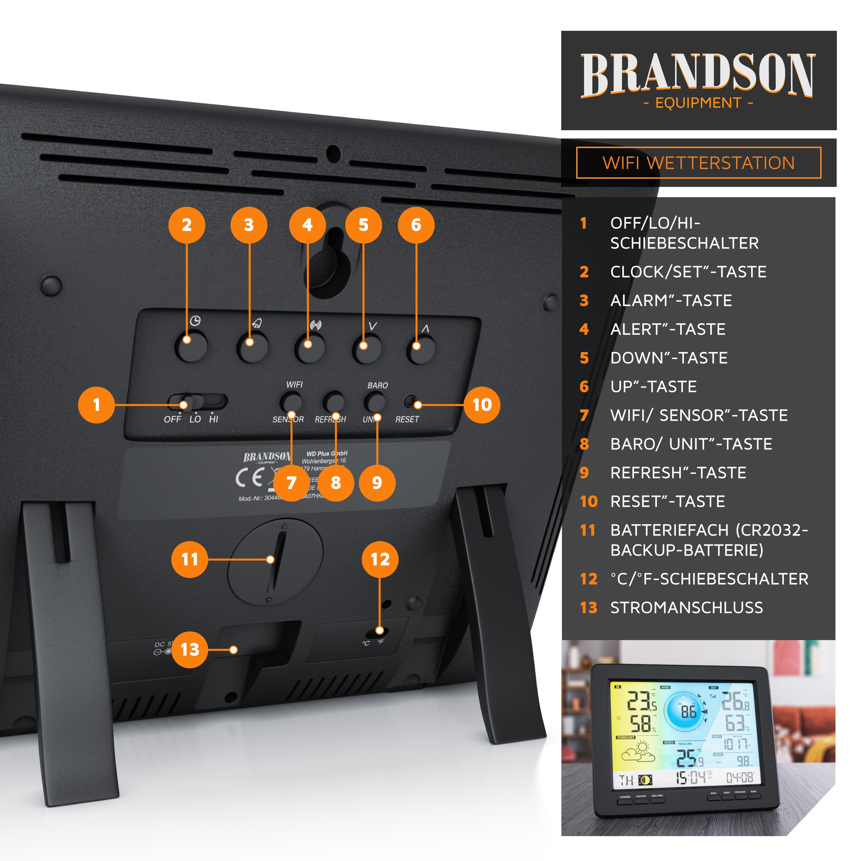WLAN-Wetterstation von Brandson mit schwarzem Gehäuse, mehreren Tasten und einem digitalen Display zur Anzeige von Temperatur und Luftfeuchtigkeit.