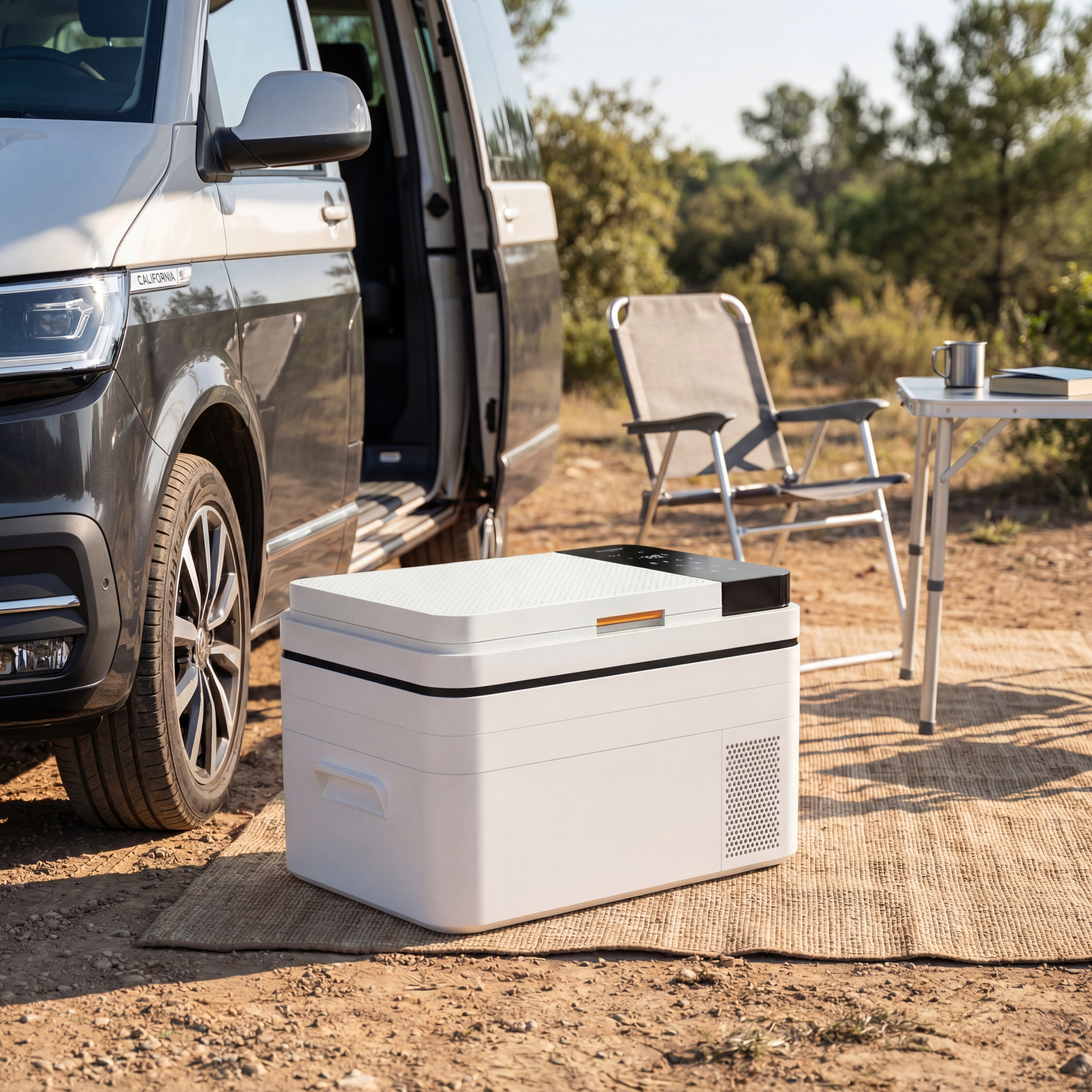Brandson elektrische Kühlbox in Weiß mit einem digitalen Bedienfeld, platziert neben einem Campingstuhl und einem Van in der Natur.