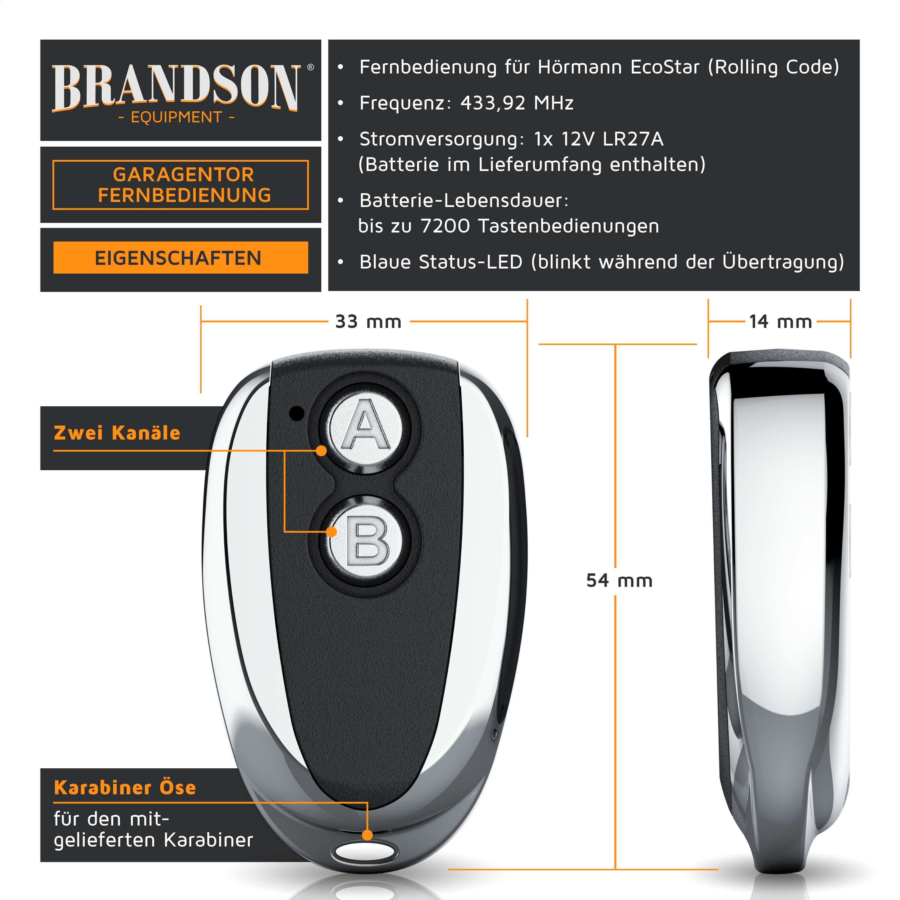 Brandson-Fernbedienung für Hörmann EcoStar mit zwei Kanälen, schwarz-silbernes Design, mit Tasten A und B und einer Schlüsselanhängerschlaufe.