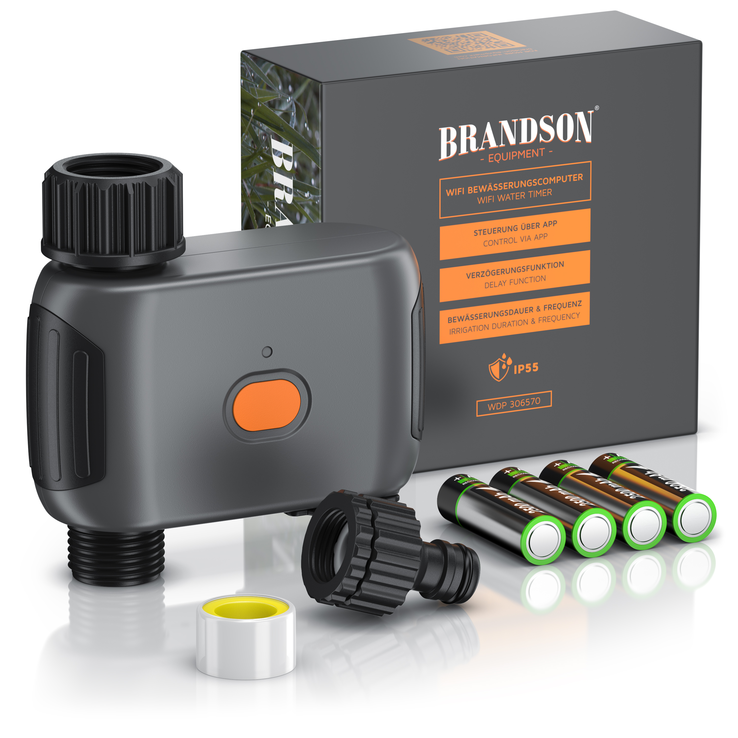 Brandson WLAN-Bewässerungsuhr mit grauem Gehäuse, orangefarbenem Knopf und mitgelieferten Batterien, abgebildet mit Verpackung und Zubehör.
