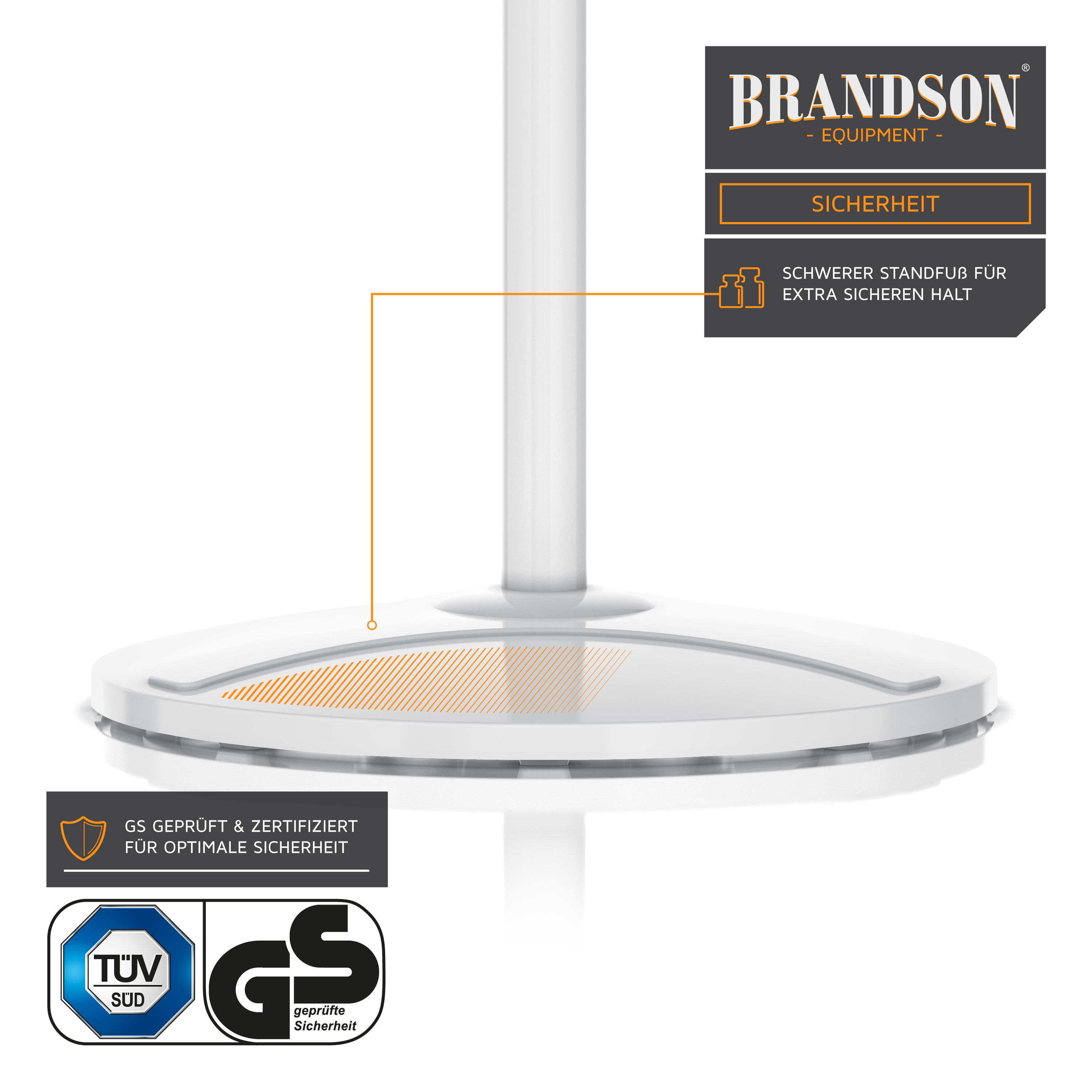 Standventilator von Brandson mit schwerem Sockel für zusätzliche Stabilität, elegantem Design und weißem Finish.