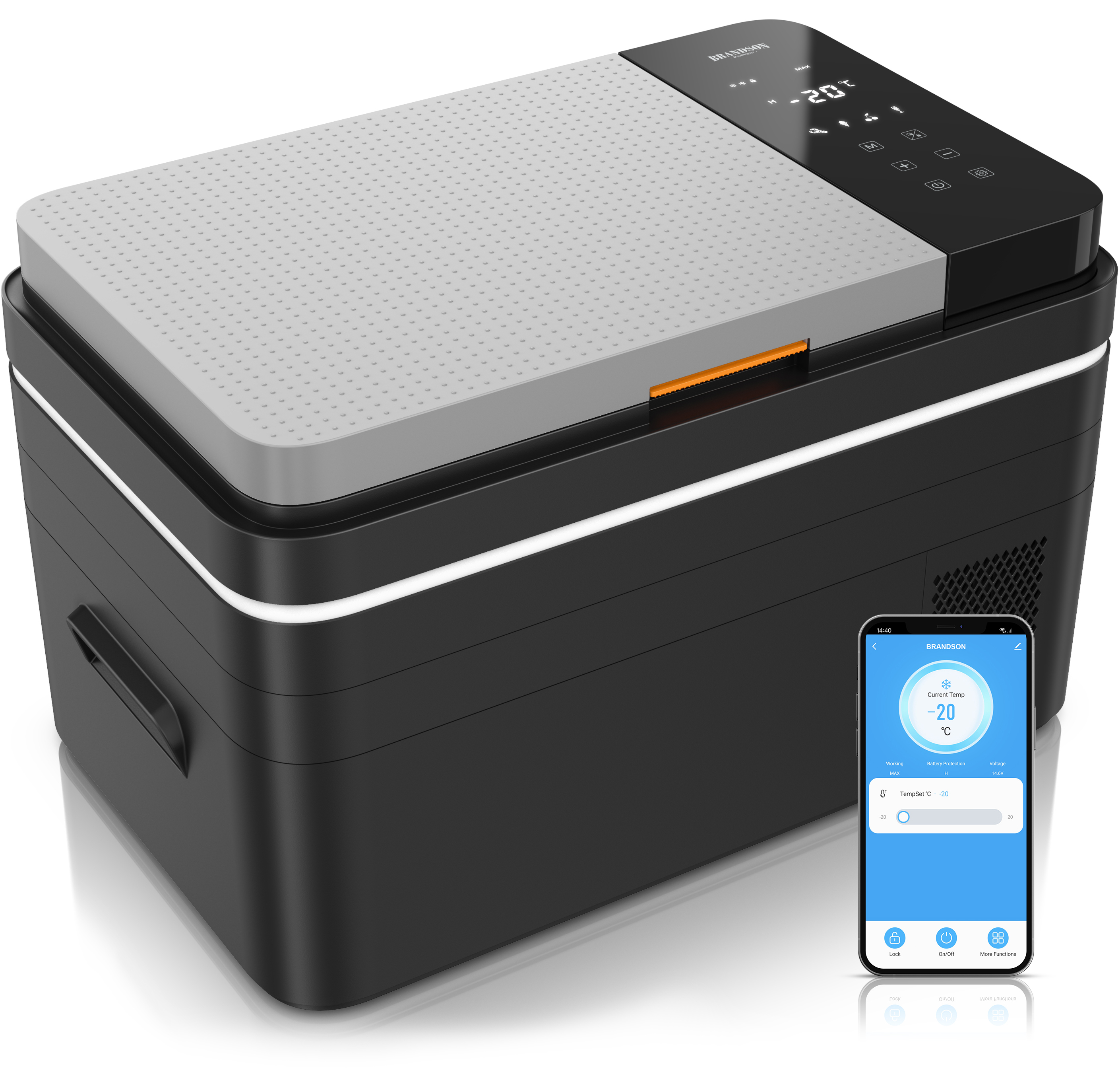 Brandson elektrische Kühlbox in Schwarz mit grauem Deckel, digitalem Display und Smartphone-Steuerung.