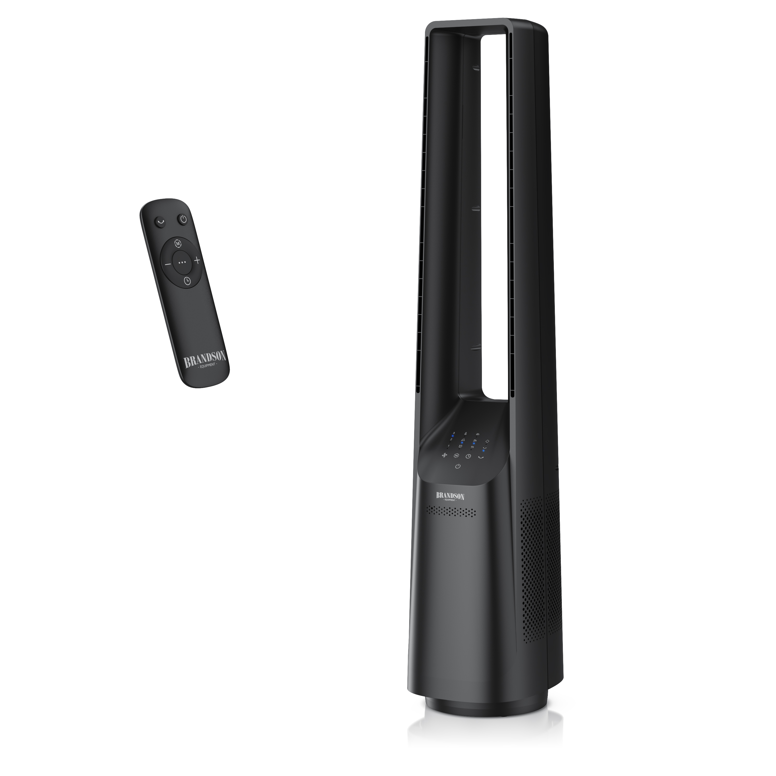 Brandson Turmventilator in Schwarz mit Fernbedienung, Bedienfeld und modernem Design für effiziente Luftzirkulation.