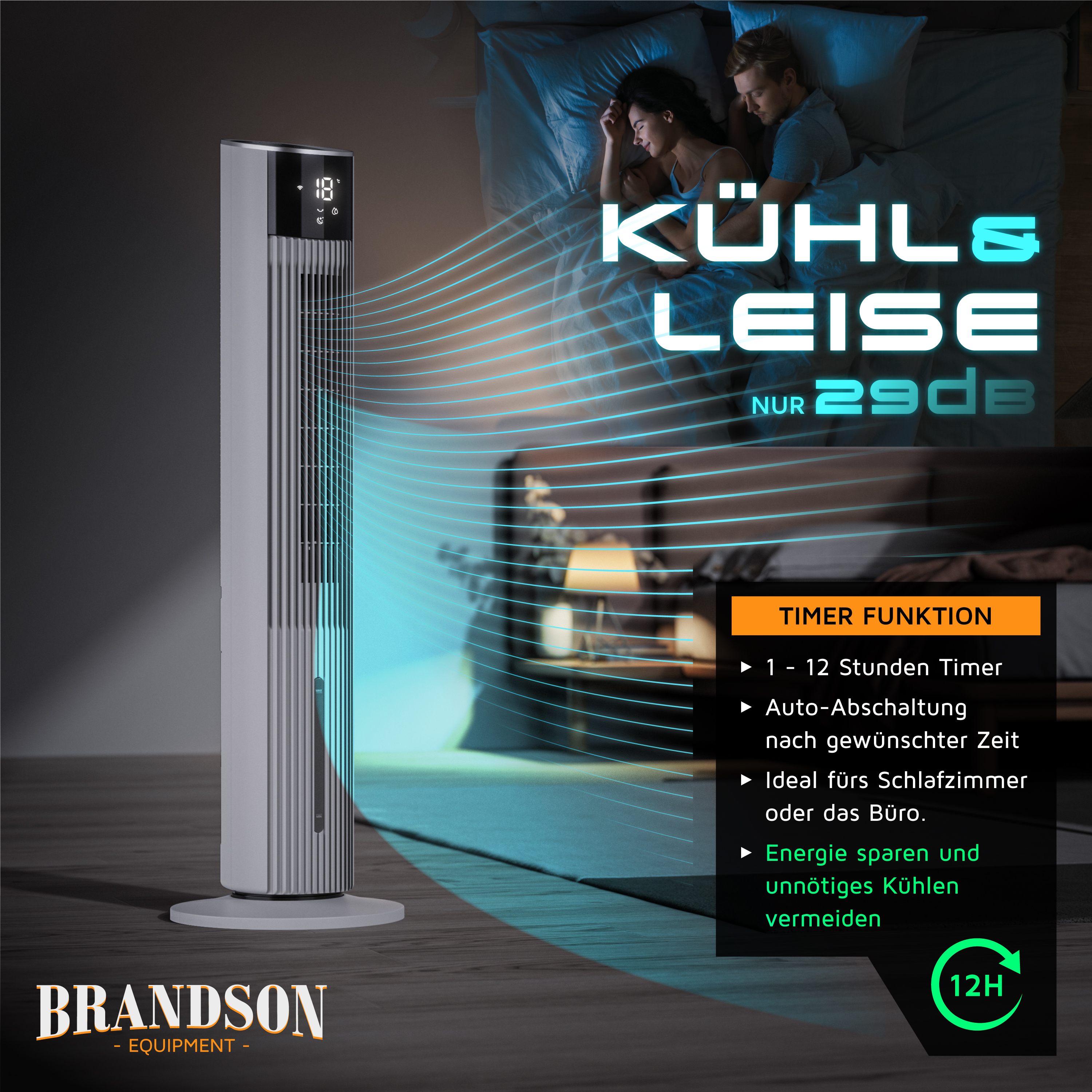 Turmventilator von Brandson mit elegantem Design, Digitalanzeige und Fernbedienung, ideal zum leisen Kühlen von Schlafzimmern mit 29 dB.