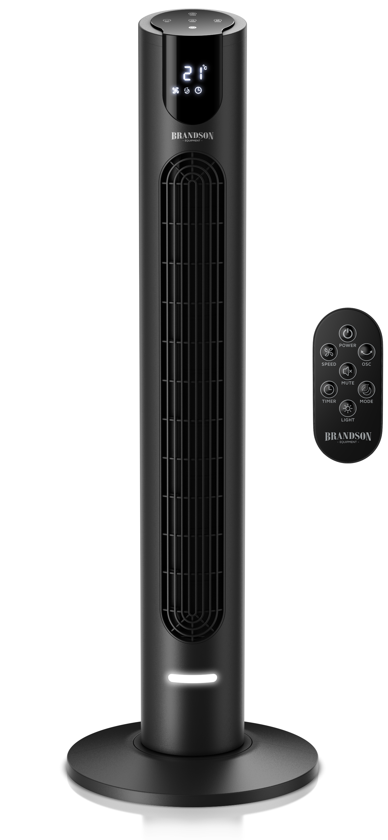 Brandson Turmventilator in Schwarz mit Digitalanzeige, Bedienfeld und Fernbedienung, konzipiert für eine effiziente Luftzirkulation.