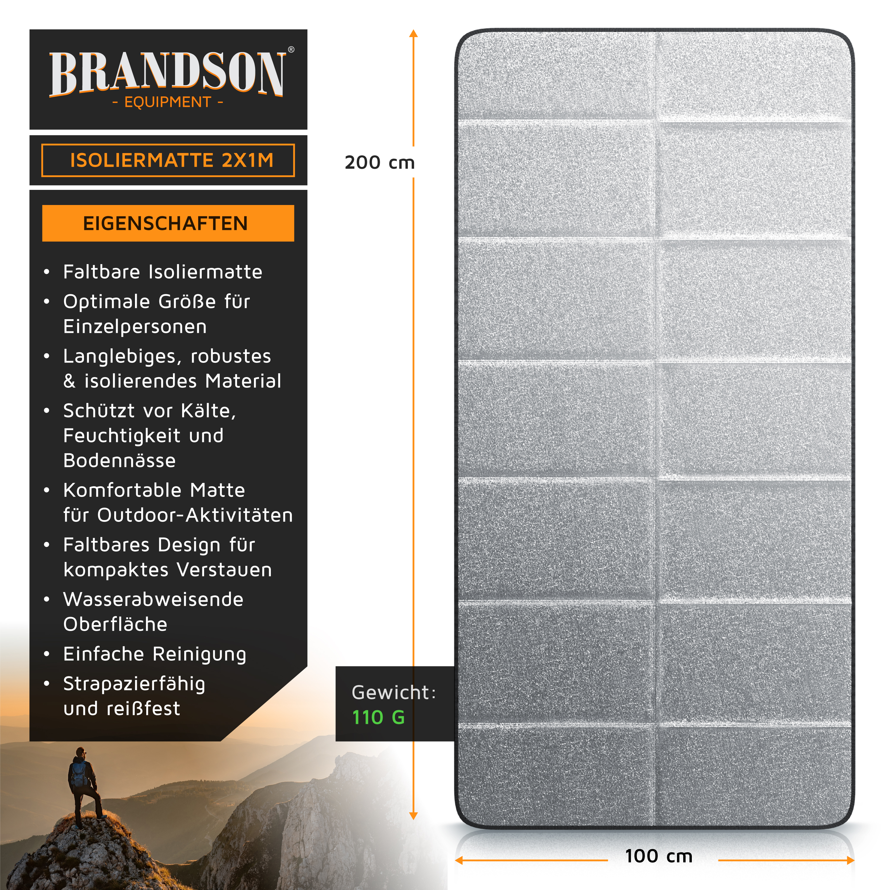 Brandson Isoliermatte in Silber, faltbar, mit wasserabweisender Oberfläche, optimal für Outdoor-Aktivitäten, Maße 200 x 100 cm.